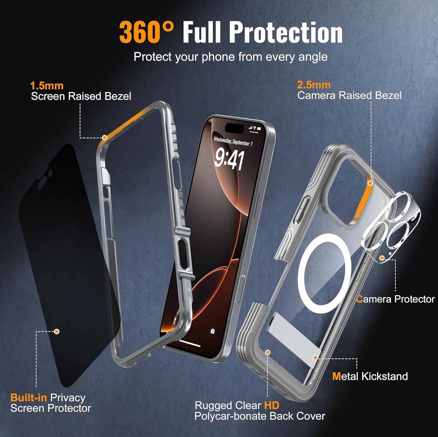360° Protection Magnetic for iPhone 16 Pro Case Built-in 9H Privacy Screen Protector & Metal Stand[Fit for Magsafe][Anti-Spy][Lens Protector] Heavy Duty Shockproof Phone Case for iPhone 16 Pro