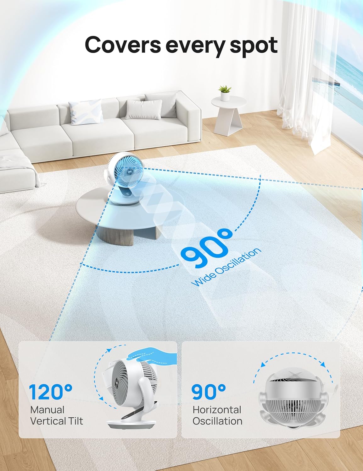 Dreo Smart Fan for Bedroom,120° Vertical and 90° Oscillating Fan with Remote/Voice, 13 Inch Height Quiet Air Circulator for Whole Room, 70 ft, 4 Speeds, 5 Modes, 12H Timer, Desk Fans for Home，White
