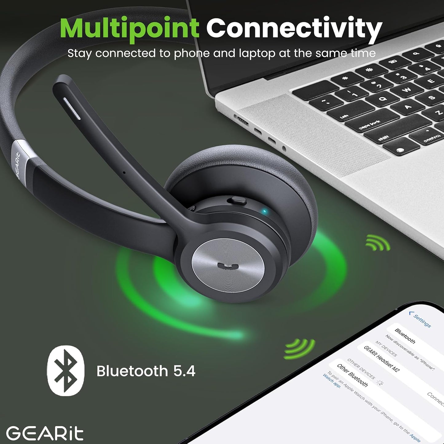 GEARit Wireless Bluetooth Headset with Mic - 35 Hrs Talk Time - for Trucker, w/Noise Cancelling Microphone & Mute Button - Easy to Set Up Wireless for Work, Phone Calls, Homes, Offices