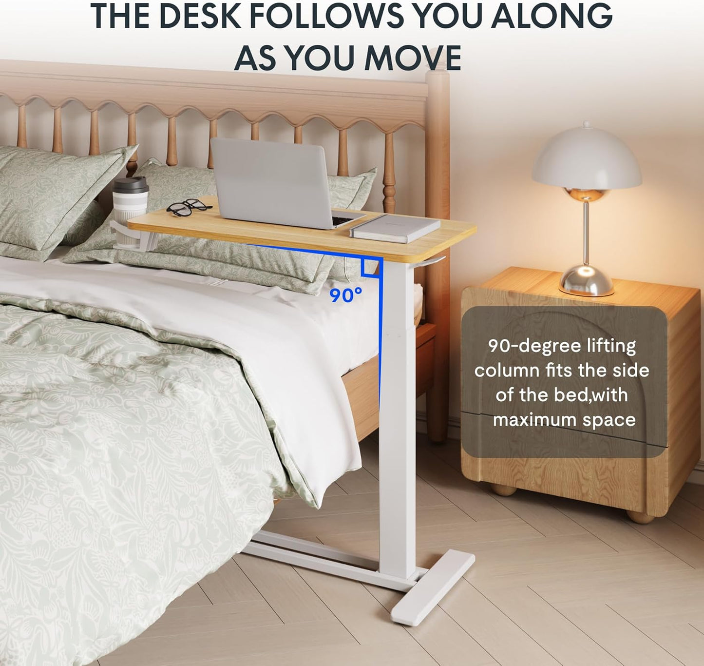 FLEXISPOT H7 Adjustable Overbed Bedside Table with Wheels Pneumatic Mobile Standing Desk Laptop Desk Rolling Computer Cart Movable Overbed Table Hospital Home Use(27.6" W x 15.7" D, Maple Table)