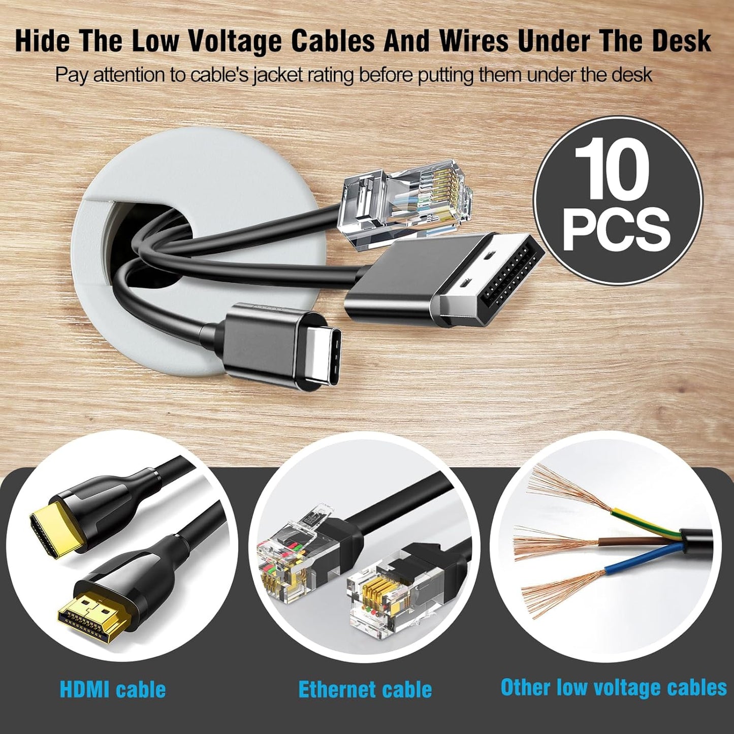 2" White Desk Grommet, JTemgle Plastic Cable Hole Cover Computer Table Cord Wire Organizer Caps Desktop Cord Management for Home Office TV Stands Tabletops, 10 Pieces