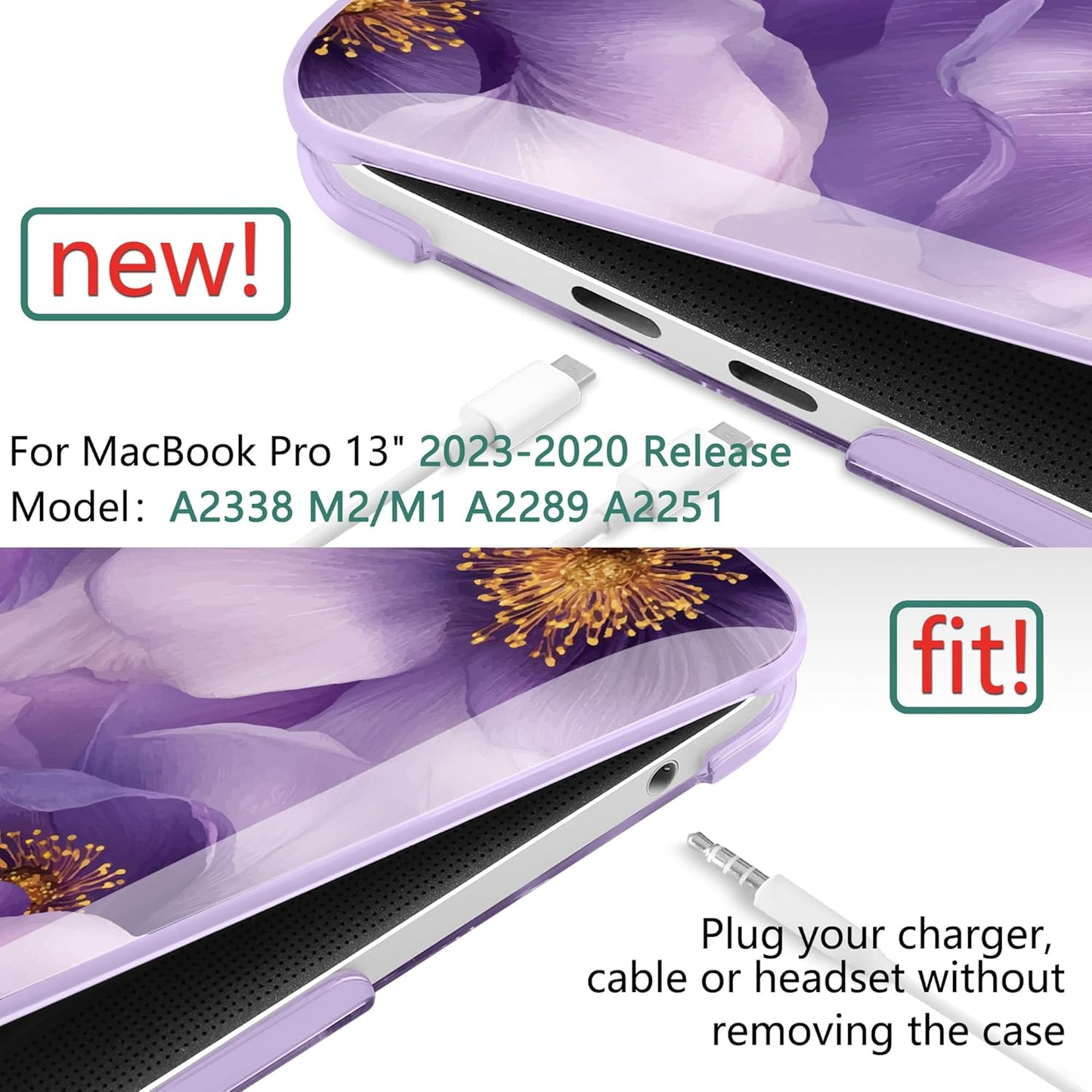 TWOLSKOO Compatible with MacBook Pro 13 inch Case 2023-2016 A2338 M2/M1 A2251 A2289 A2159 A1989 A1706, Plastic Hard Shell Cover & Keyboard Skin & Screen Protector, Purple Flowers