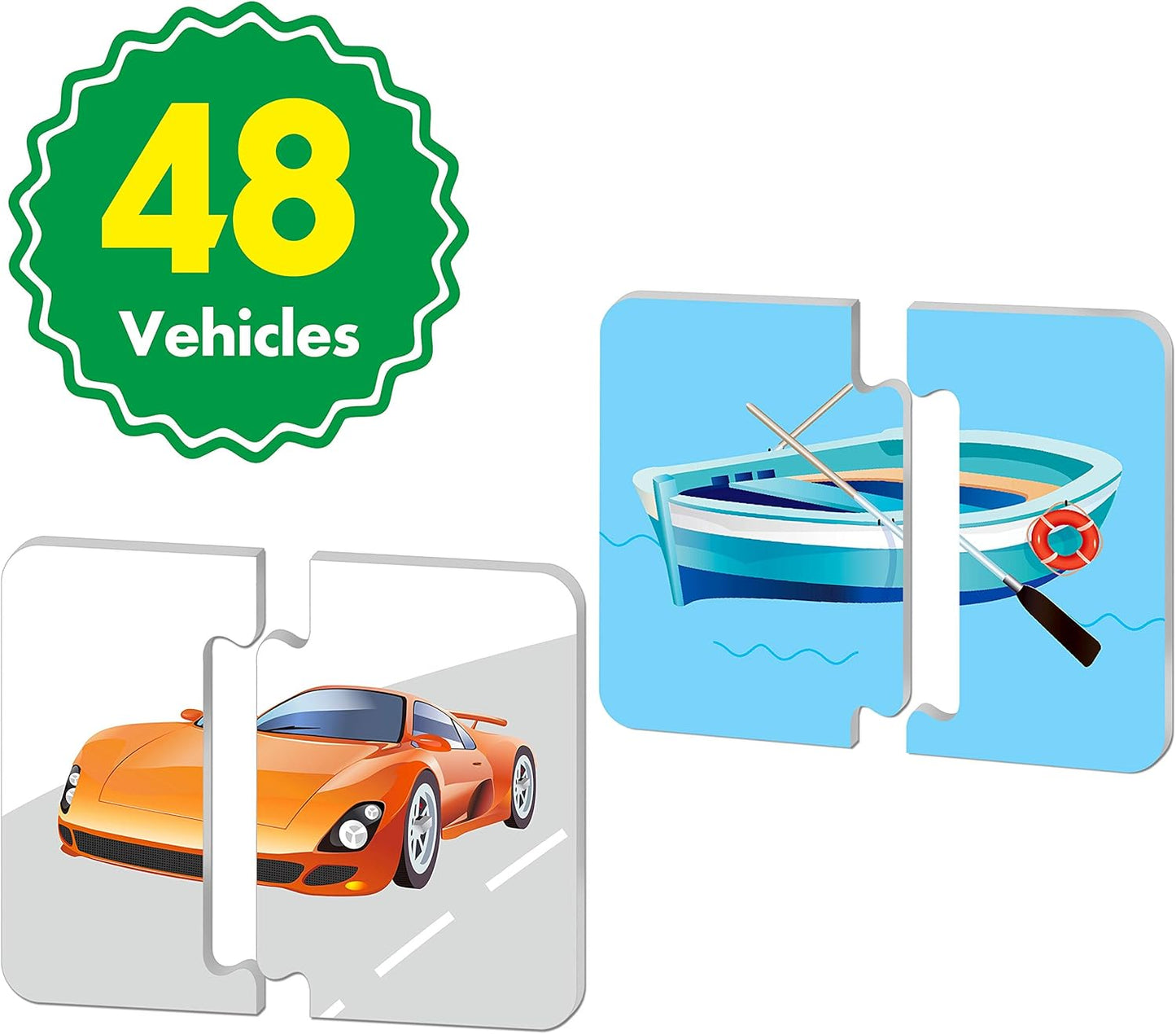 48 Vehicle Matching Puzzles with Error-Correction Mechanism Pre-Primer in 2 Pieces, Perfect for Preschool Learning (24 Blocks Double Sided)