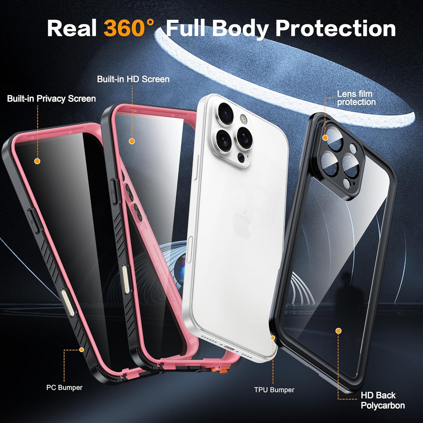for iPhone 16 Pro Max Case Waterproof, Built-in Privacy Screen & HD Screen Double Front Frame [IP68 Underwater] Shockproof Dustproof Full Body Protection iPhone 16 Pro Max Phone Case Pink