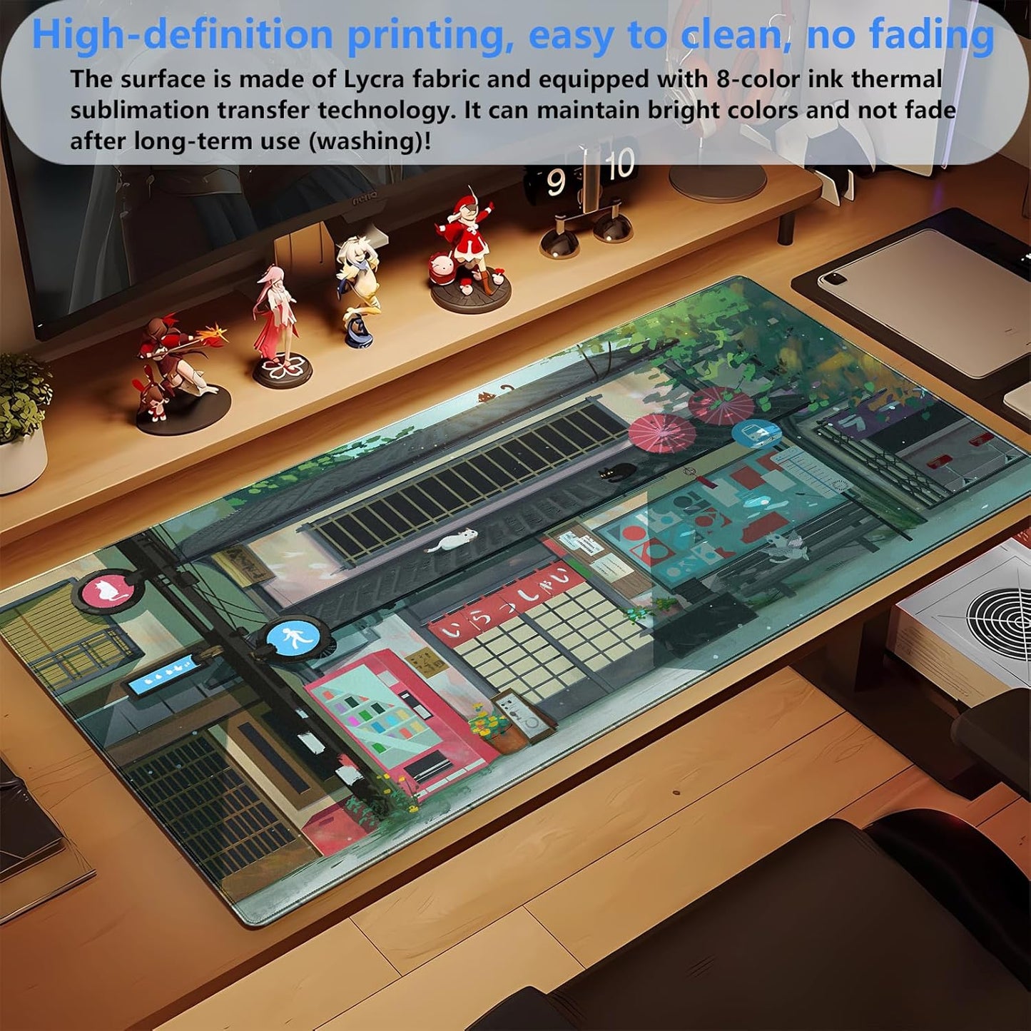 Kawaii Anime Cat Gaming Desk Mat Pad XL Large Mouse Pad (31.5"x15.7") Mouse & Keyboard Desk Pad with Stitched Edge, Vibrant Green Design for Home Office & Computer Gaming Setup