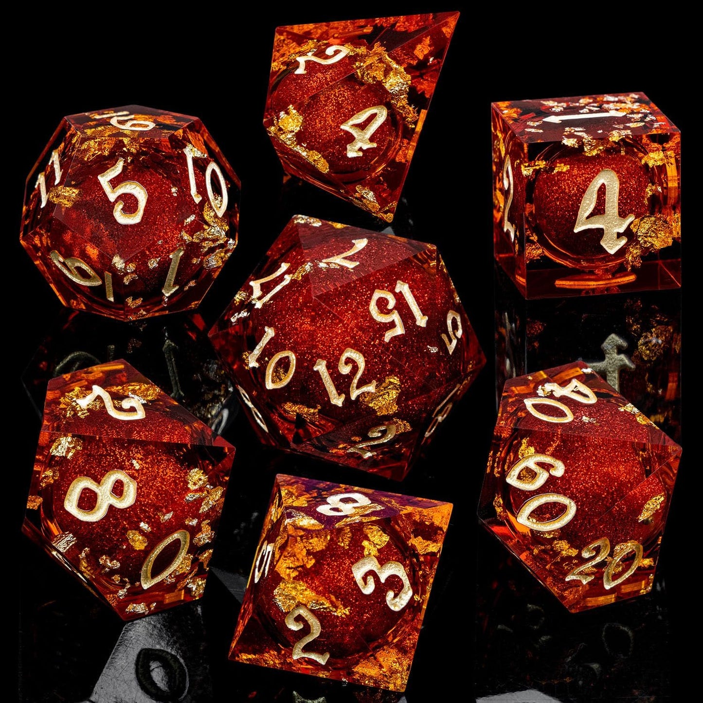 ARUOHHA Liquid Core DND Dice Set, 7pcs Resin Sharp Edged Dragons Dice Compatible with D&D Role Playing Games, RPG Golden Numbers Red Dungeons Polyhedral Dice with Gift Box, D and D Dice Set D20 D10 D6