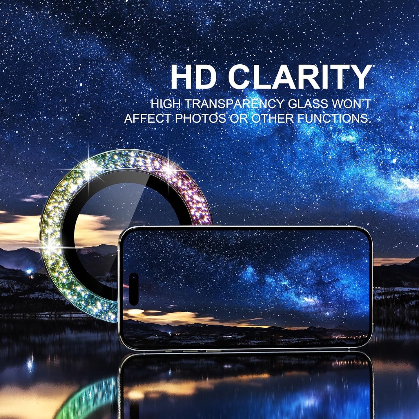 Choiche Compatible for iPhone 15 Pro/iPhone 15 Pro Max Camera Lens Protector Bling, 9H Tempered Glass Camera Cover Screen Protector Metal Ring Decoration Accessories (Glitter-Colorful)