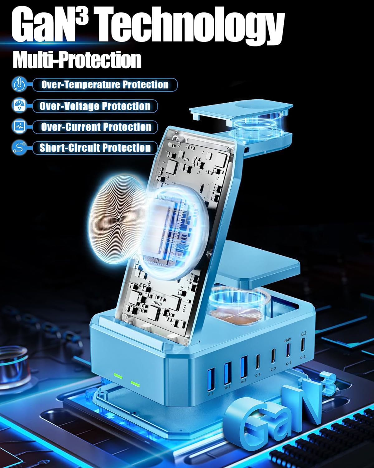 300W Wireless Charger for Samsung,Zutspzss 10 in 1 Wireless Charging Station, 65W USB C Fast Charging Stand for Samsung S25 Ultra/S24/S23/S22/Z Fold,Galaxy Watch Ultra7/6/5,Galaxy Buds,Blue