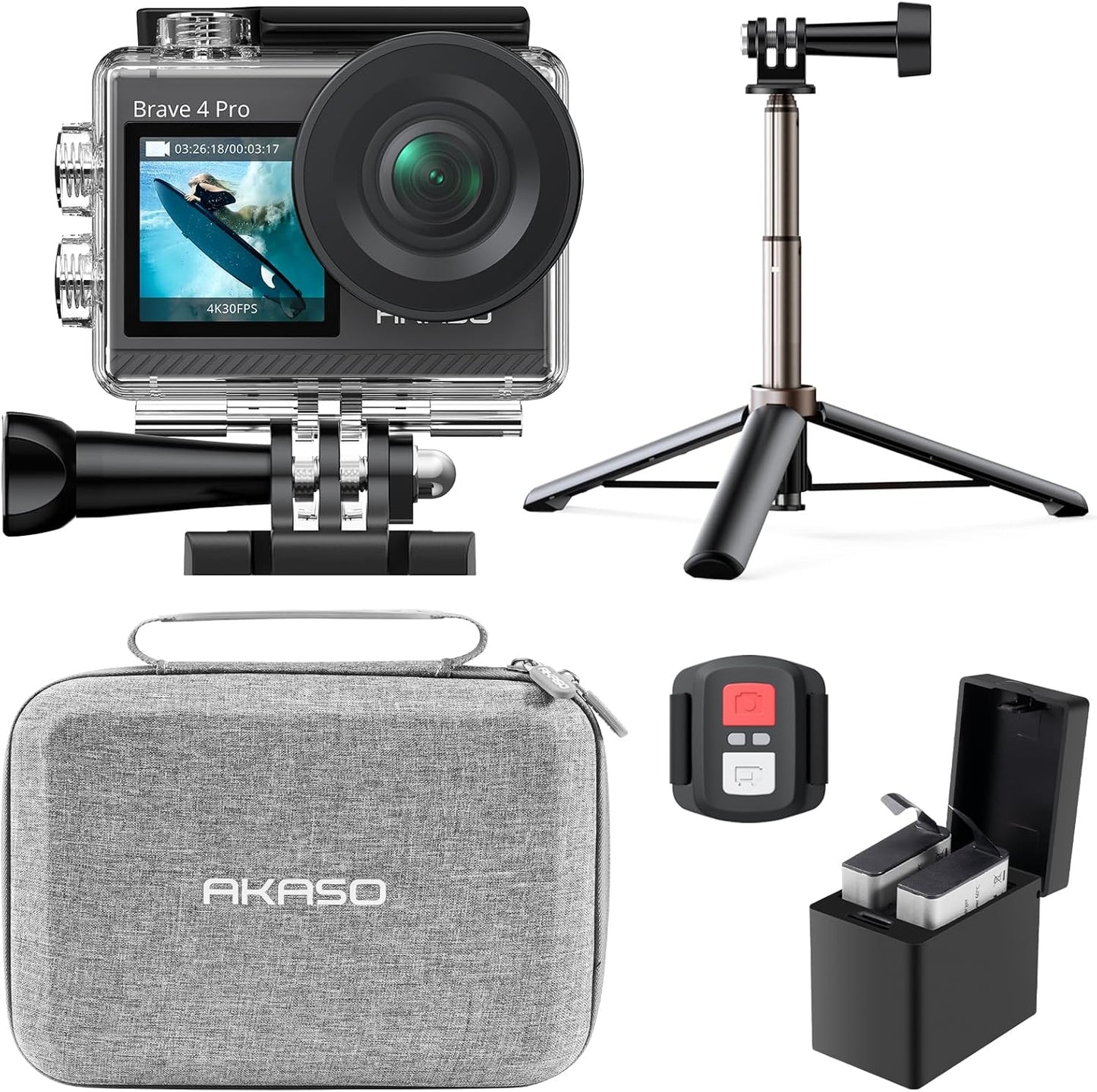 AKASO Brave 4 Pro Action Camera with Selfie Stick Tripod and Carrying Bag Bundle - 4K30 20MP Ultra Hd EIS 131ft Underwater Camera 5xZoom Touch Screen WiFi Remote Control with Helmet Accessories Kit
