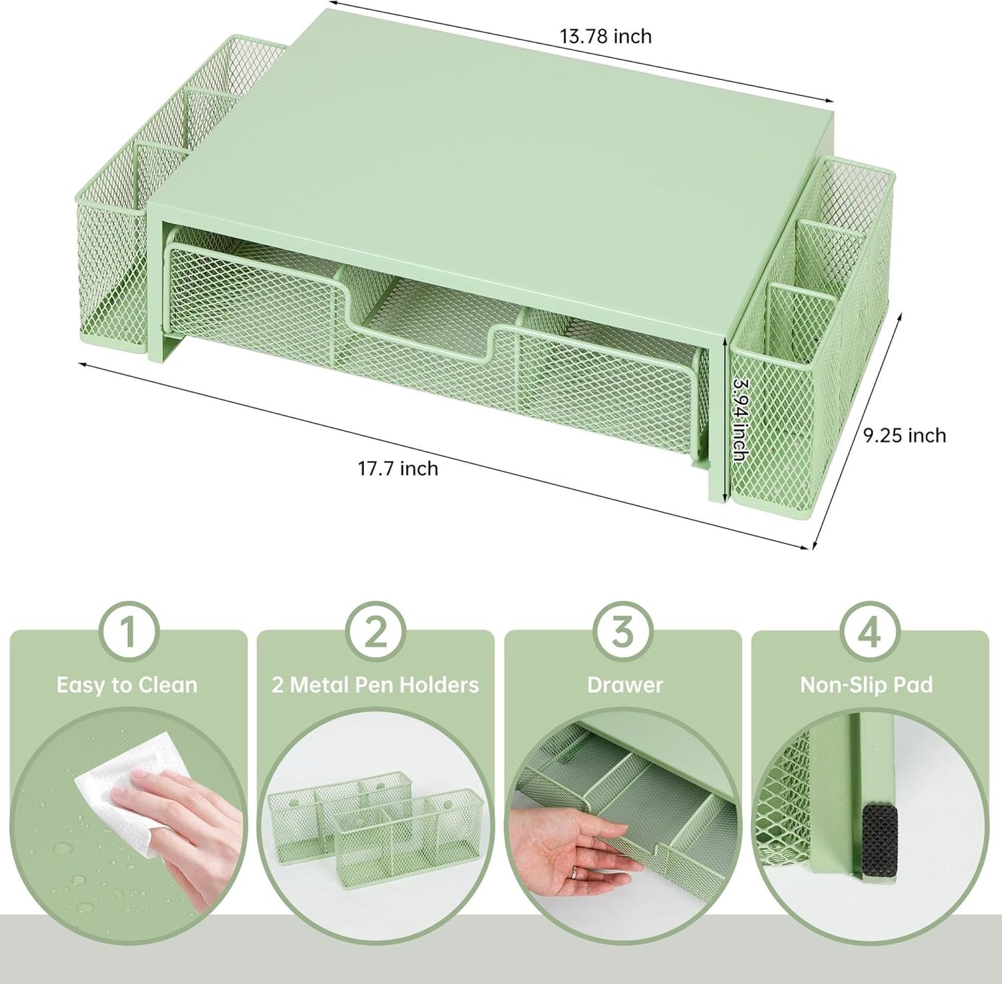 Computer Monitor Stand Riser with Drawer and Pen Holders, Desk Organizer Shelf and Accessories, Office Desk Accessories, Office Organization, Green