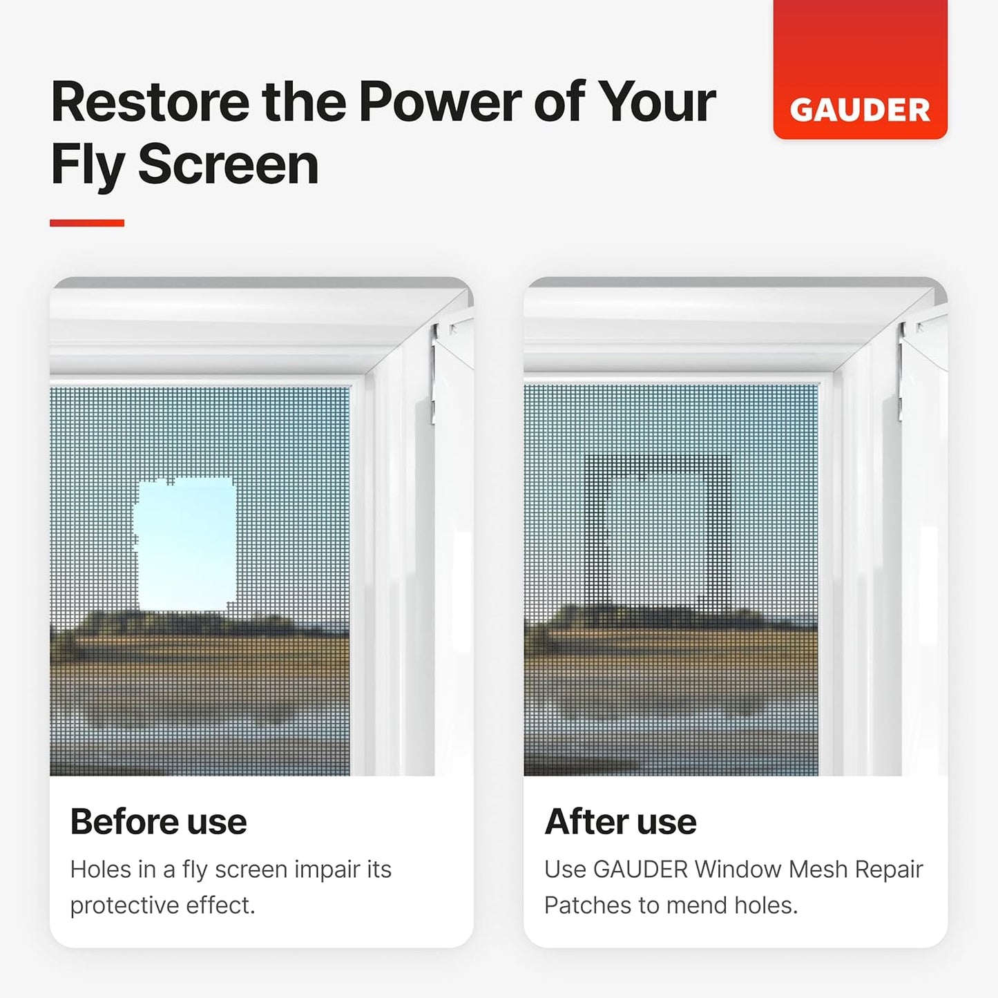 GAUDER Fly Screen Repair Patches - Insect Screen Repair Set Made from Fiberglass Self-Adhesive - for Door, Porch and Window (6 Patches - 5" x 7")