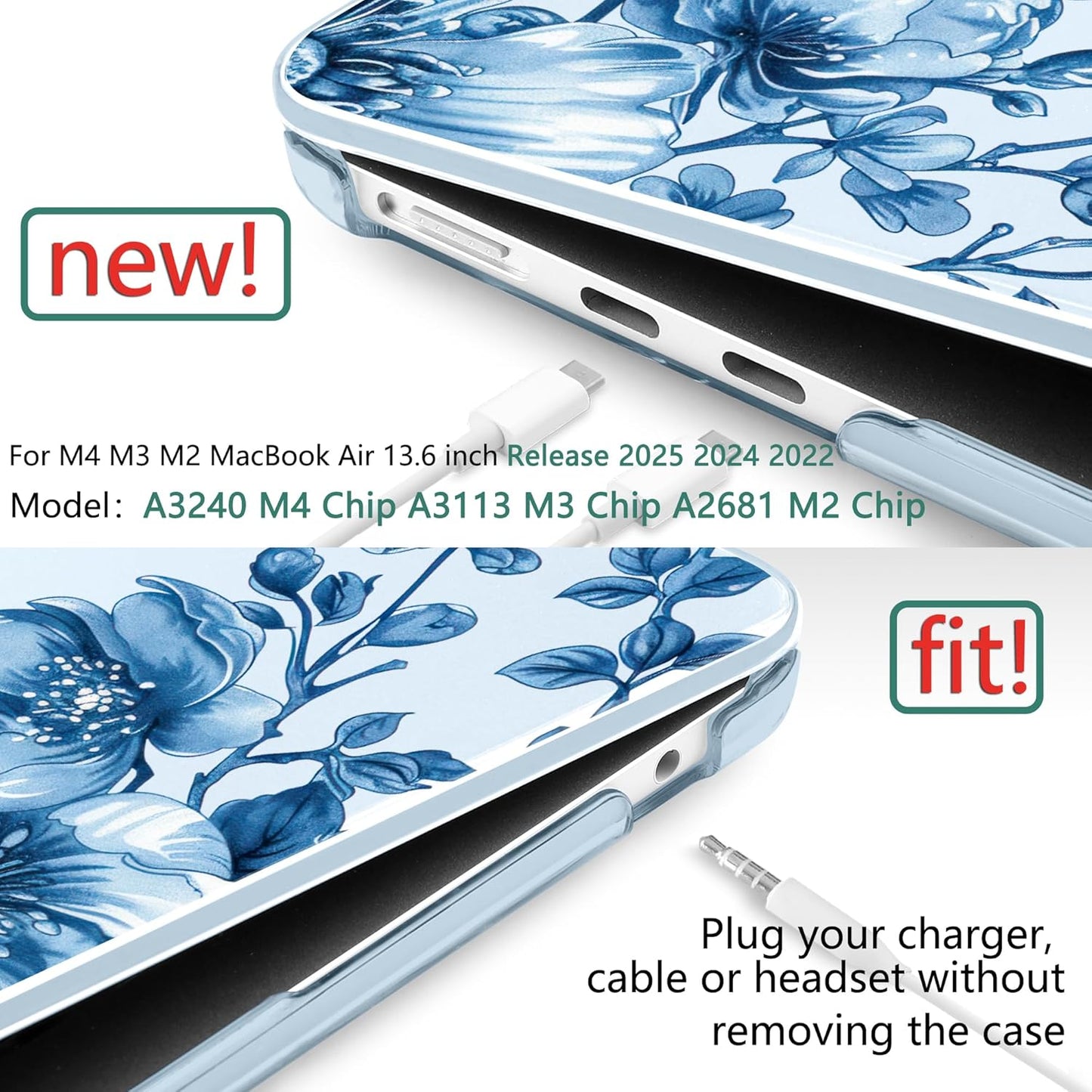 TWOLSKOO Compatible with M4 MacBook Air 13.6 inch Case 2025-2022 Release M4 A3240 M3 A3113 M2 A2681, Plastic Hard Shell & Keyboard Cover & Type C Adapter & Screen Protector, Blue Chinoiserie