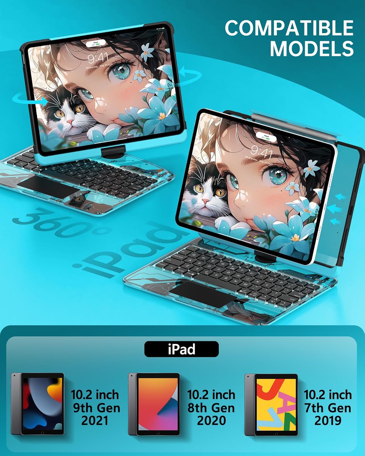 Intermerge for iPad 9th 10.2 inch Keyboard Case, 360° Transparent Multi-Touch Trackpad, 7-Color Backlit Keyboard, Pencil Holder, Type-C, Power Indicator for 9th/ 8th/ 7th - Nebula Core X