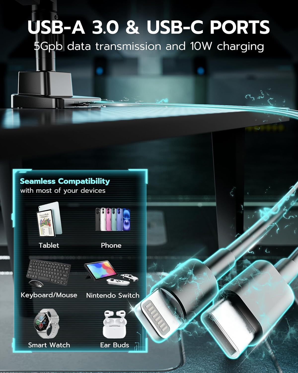 ARES WING Dual Monitor Mount, Adjustable Stacked Monitor Stand with USB A/C, Heavy Duty Gas Spring Monitor Desk Stand for 2 Monitors for 24-57 Inch Ultrawide Screen, 75/100/200 Vesa Mount, Black