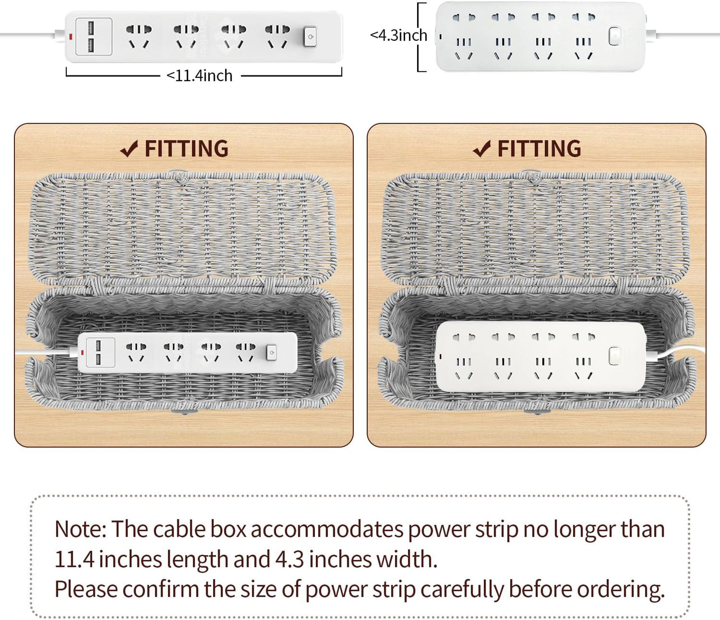 Cable Management Box, Woven Rattan Cord Hider With Lid & Button Lock, Floor Cord Holder for Power Strip USB Hub, Boho Desk Wicker Wires Storage Cable Organizer Box(grey)