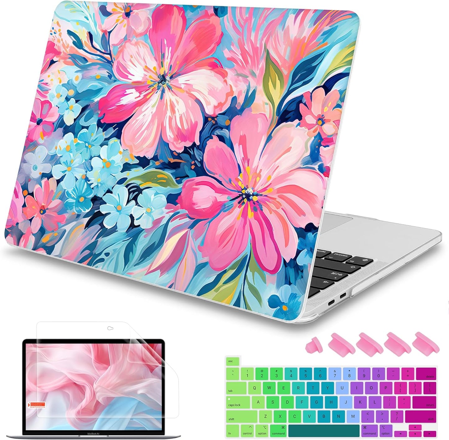 Mektron Case for MacBook Pro 16 Inch A2141 Cover 2019 Release 16" with Liquid Retina Display/Touch ID, Plastic Hard Shell with Keyboard Skin & Screen Protector & Dust Plug, Hand-Painted Flowers
