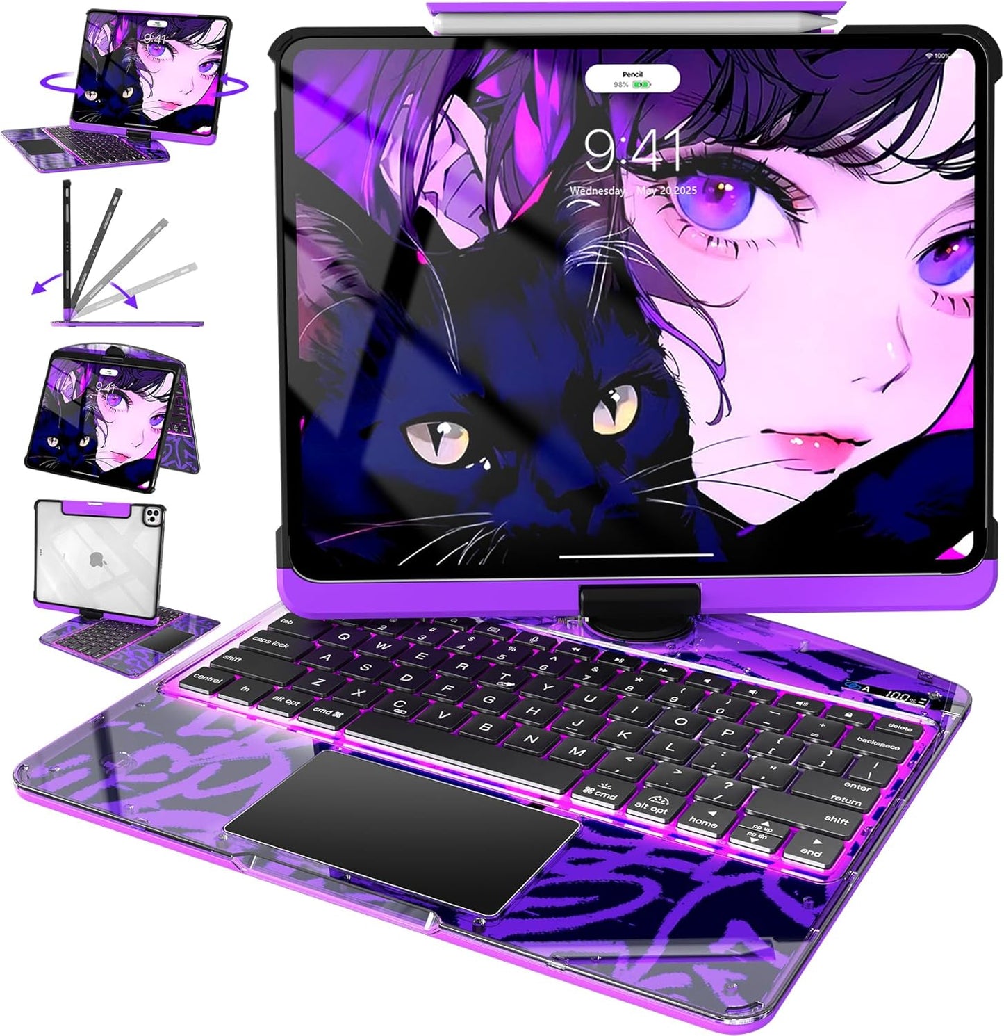 Intermerge Clear iPad A16 11th (2025) & 10th Generation 10.9" Case with Keyboard, 360° Transparent Multi-Touch Trackpad, 7-Color RGB Keyboard, Pencil Holder, Type-C, Power Indicator, Neon Pulse