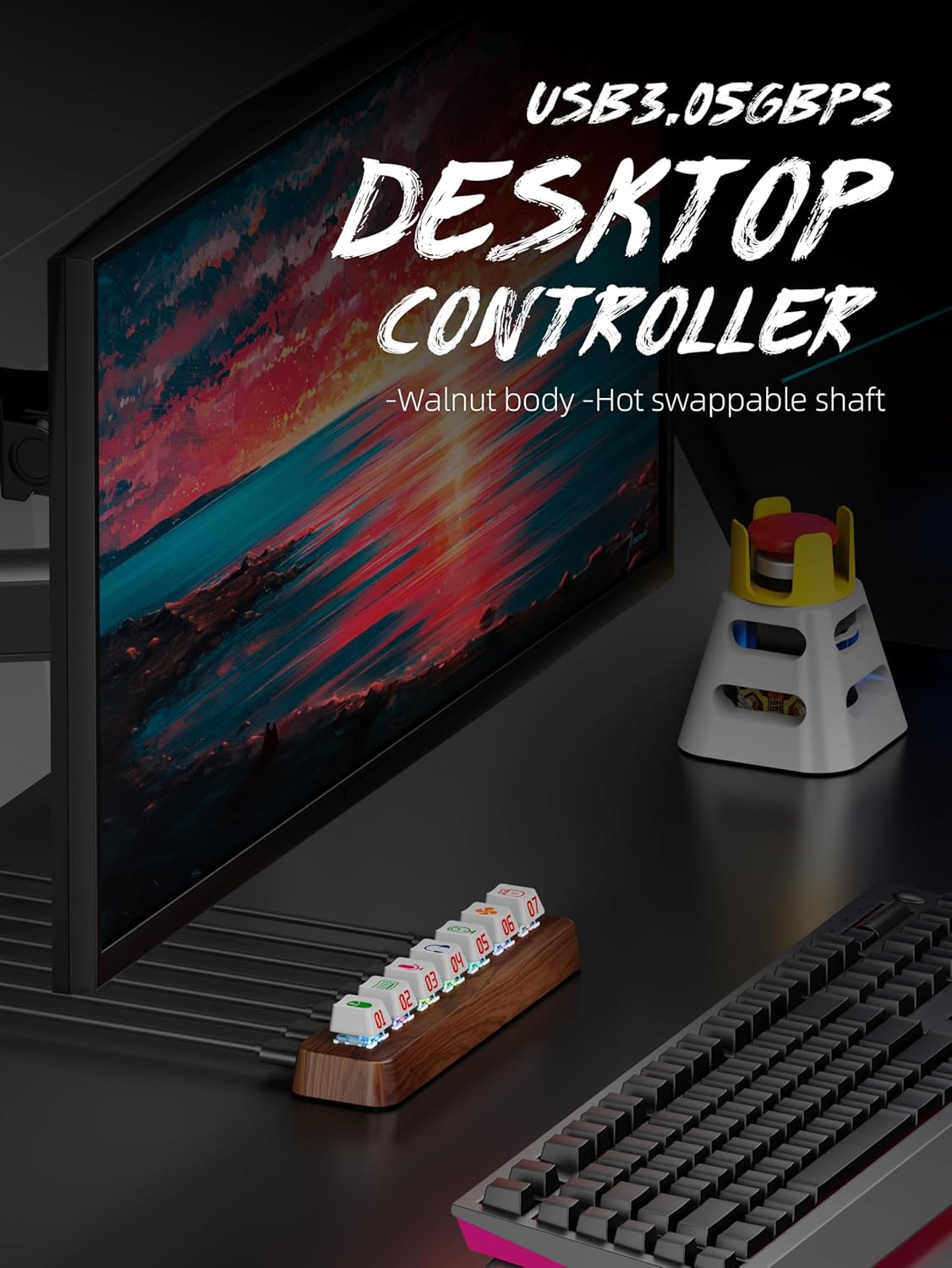 7-Port USB 3.0 Powered Hub, RGB Lighting, Hot-Swappable Cherry MX Switch Support, 5Gbps Speed, Includes 12V/2A Power Adapter, Walnut Wood Cyberpunk USB Dock-FU0724