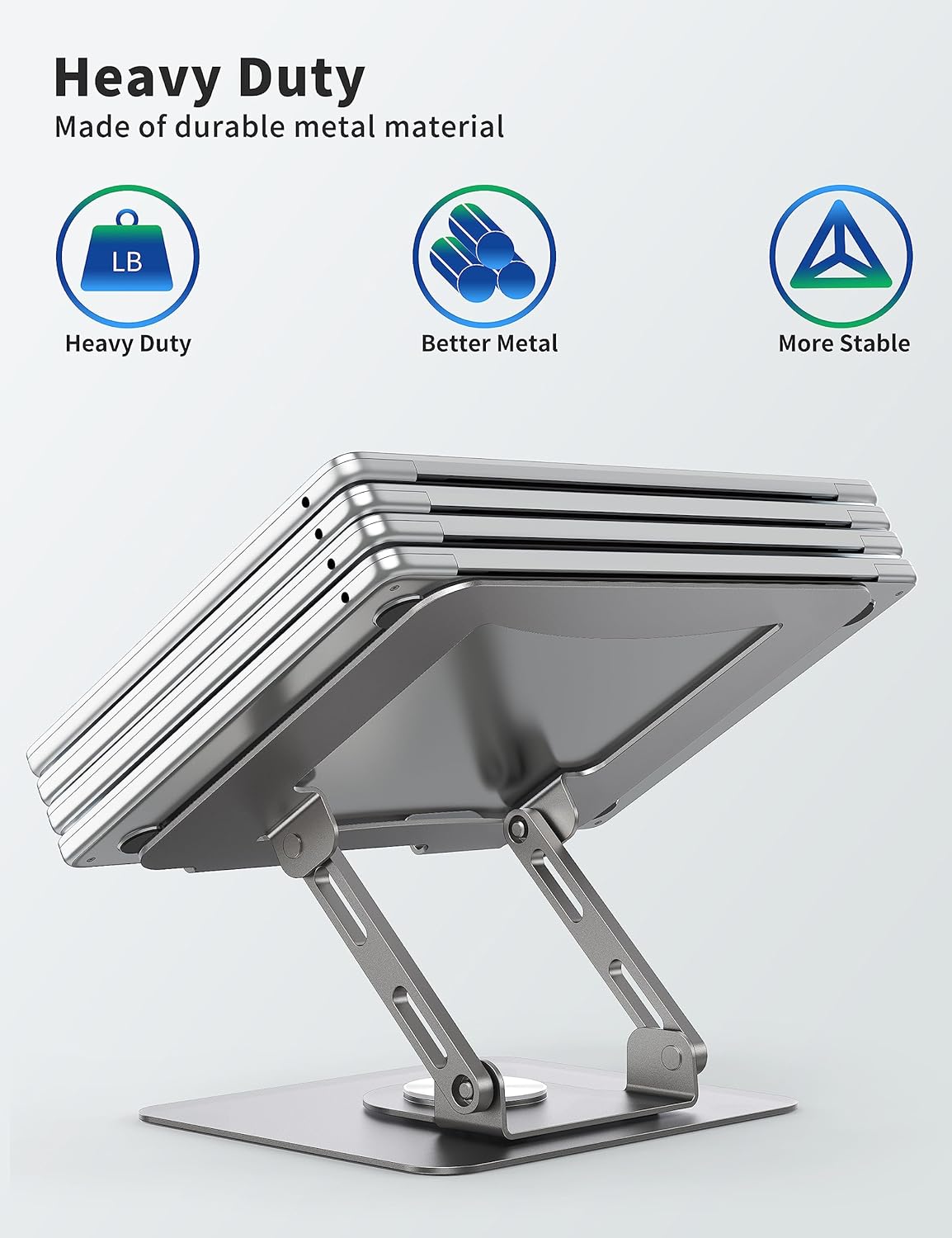 SOUNDANCE Laptop Stand with 360° Rotating Base, Ergonomic Computer Riser for Desk, Adjutable Height Muti-Angle, Foldable Laptop Mount, Stable Metal Holder Support 10-15.6" Notebook PC, Silver Grey