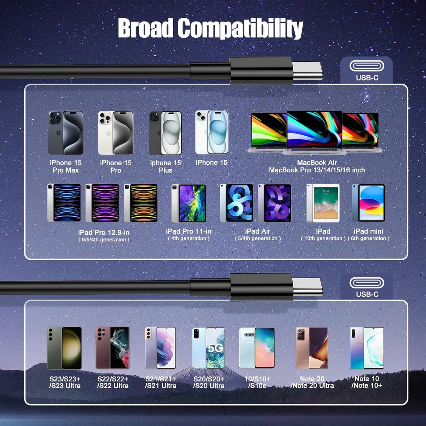 3-Pack Black [3.3FT+6.6FT+10FT] 60W USB C to USB C Cable, Type C Fast Charging Cable for iPhone 16 15 Pro Plus Pro Max，for Galaxy S24 S23, for iPad Pro/Air, for MacBook Pro/Air and More