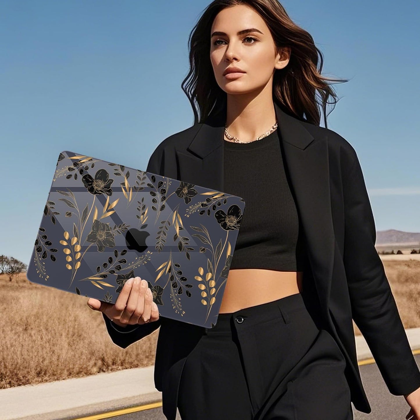 Mektron Compatible with M4 MacBook Air 15 inch Case 2025 A3241 2024 2023 M3 A3114 A2941 M2 Liquid Retina Display Touch ID, Plastic Hard Case & Keyboard Skin & Screen Protector - Gold Floral