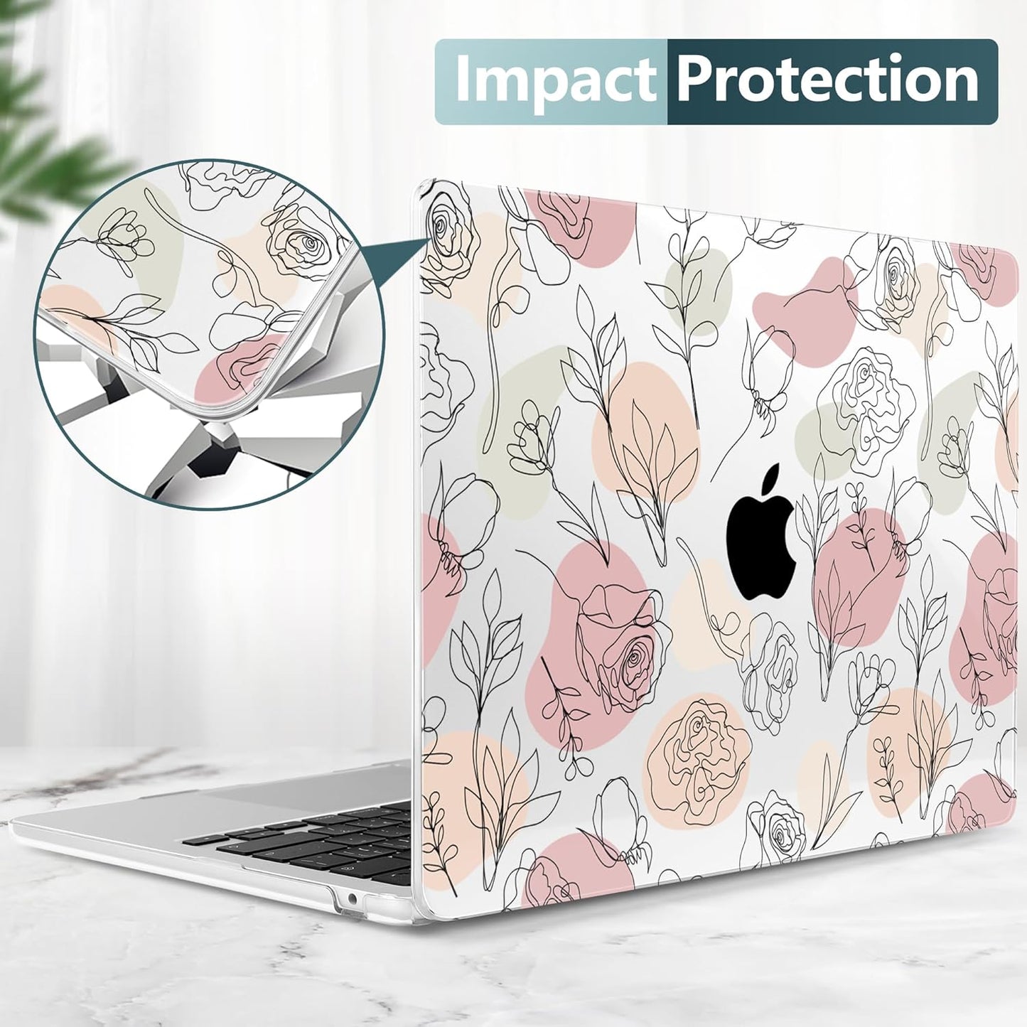 TWOLSKOO Compatible with M4 MacBook Air 15 inch Case 2025-2023 Released Model M4 A3241 M3 A3114 M2 A2941, Plastic Hard Shell & Screen Protector & Keyboard Cover & Trackpad Film, Line Flowers