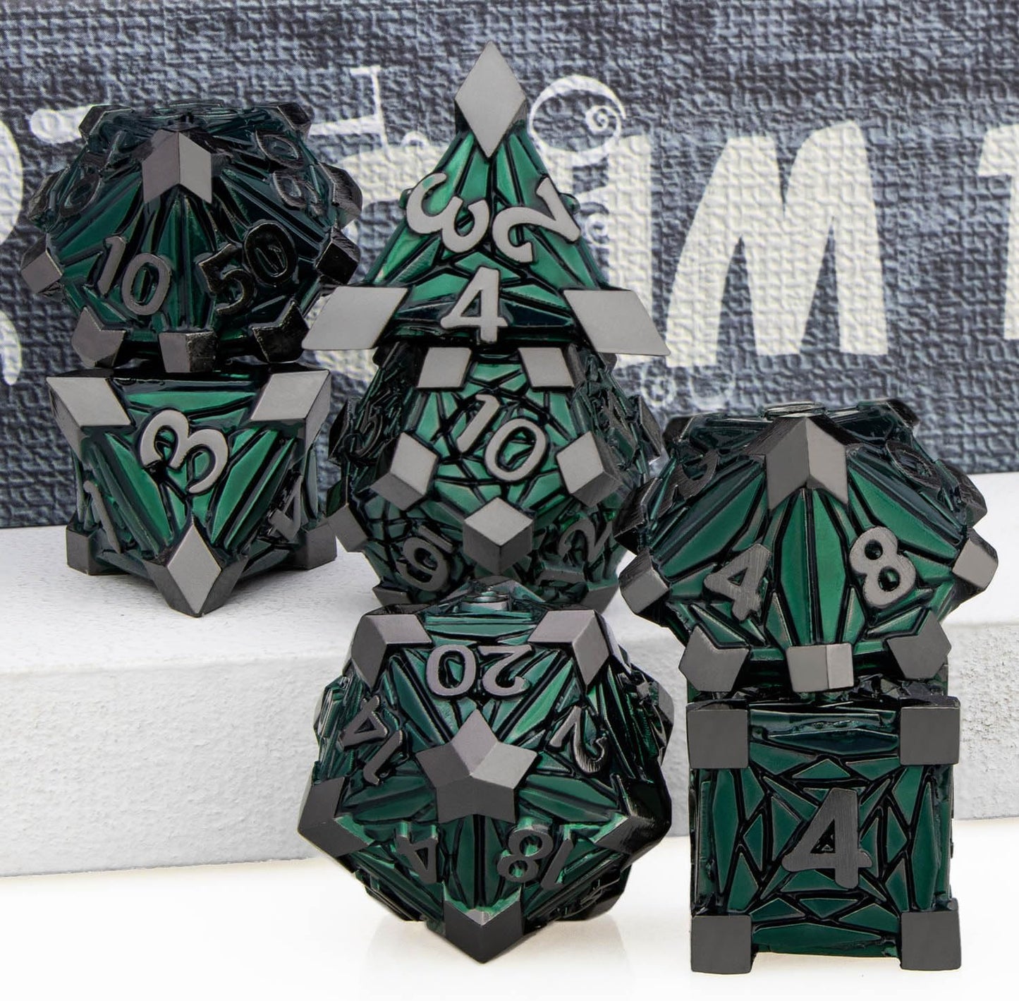 7PCS Metal DND Dice Set with Box, Debris RPG Green D and D Dice for use with D&D Tabletop Games Role Playing Game Polyhedral Dice Set D20 D12 D10 D8 D6 D4