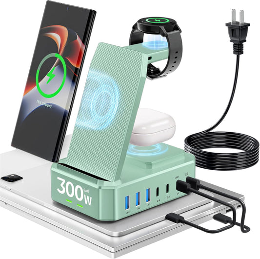 300W Wireless Charger for Samsung,Zutspzss 10 in 1 Wireless Charging Station, 65W USB C Fast Charging Stand for Samsung S25 Ultra/S24/S23/S22/Z Fold,Galaxy Watch Ultra7/6/5,Galaxy Buds,Green