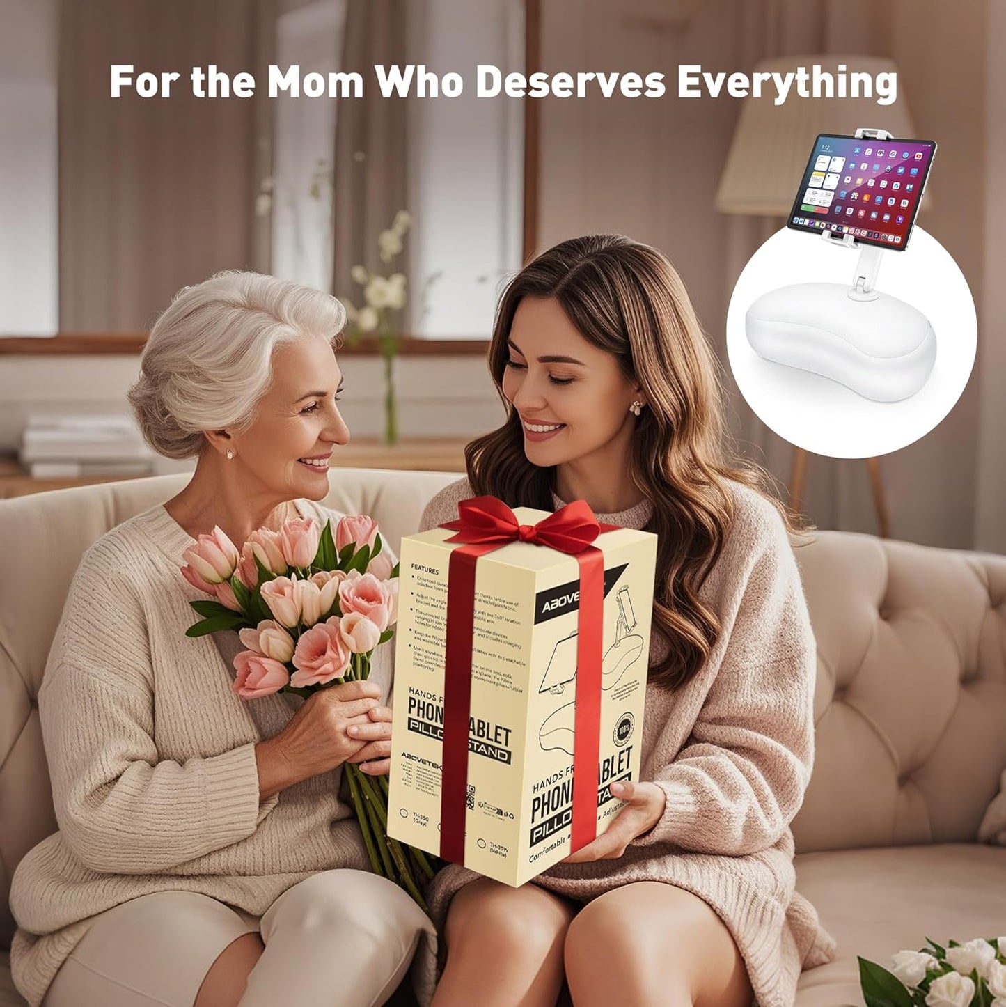 AboveTEK Tablet Pillow Stand for Bed, Hands-Free 360° Adjustable iPad Pillow Holder for Lap Reading w/Soft Bean Bag, Ideal Gift for Mom, Fits 4.7" to 12.9" Tablet, Phone, Kindle, White