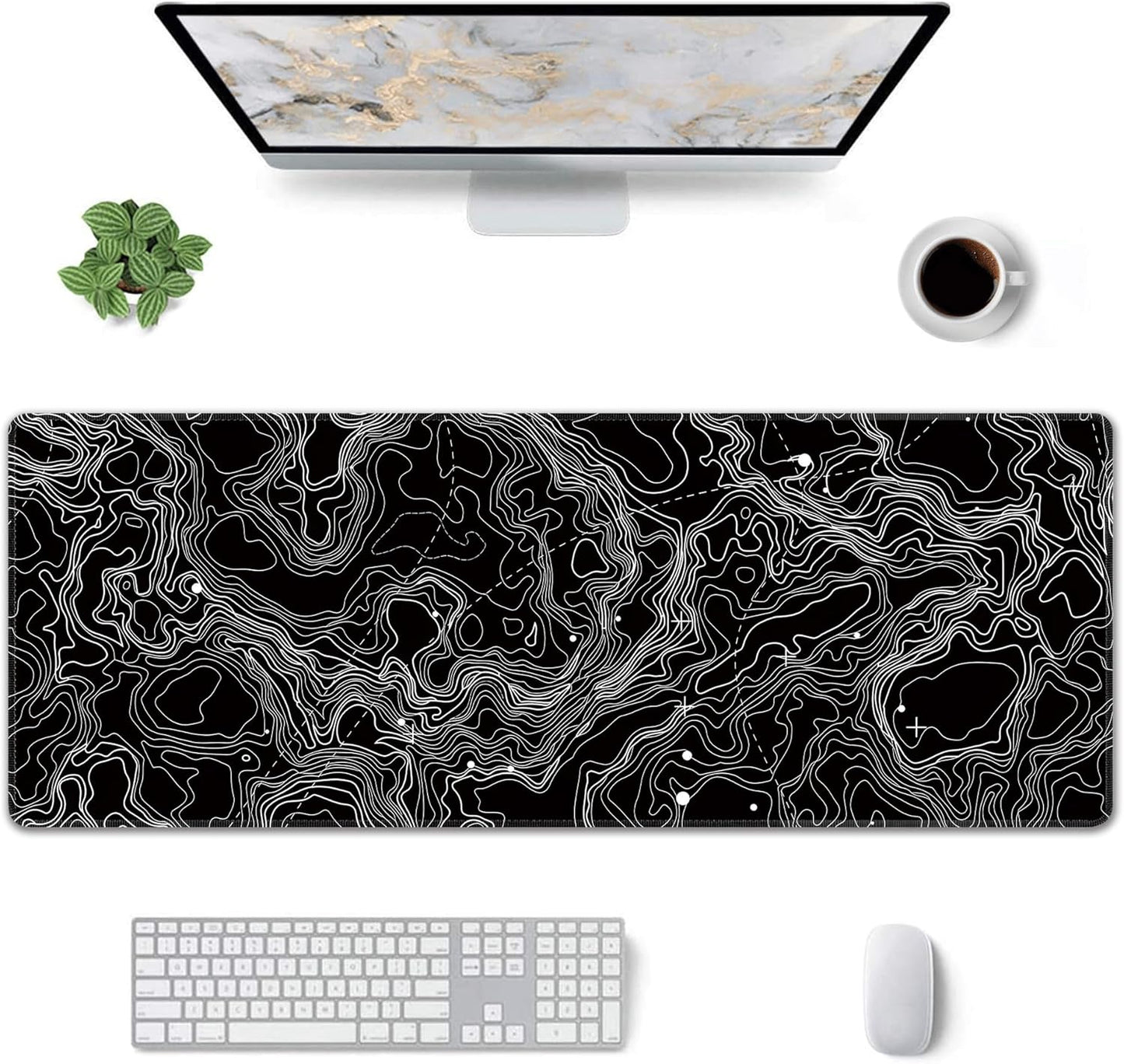 Black with White Topographic Line Large Mouse Pad,Gaming Keyboard Desk Pad,Extended Mouse Mat Non-Slip Rubber Base with Stitched Edges for Office Game Home XL 31.5"x11.8"