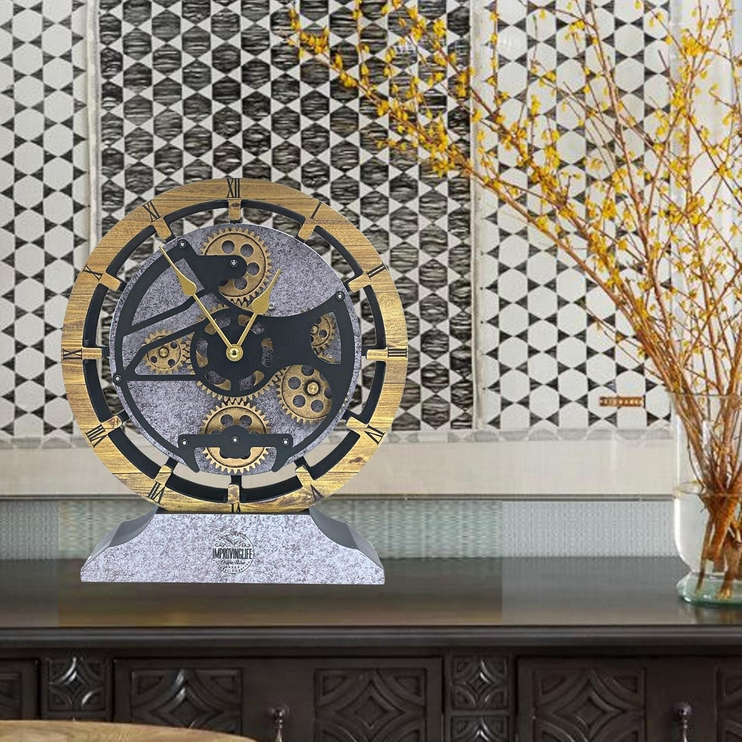 Desk Clock 10 inches with Real Moving Gears Convertible into Wall Clock (Brown and Grey)