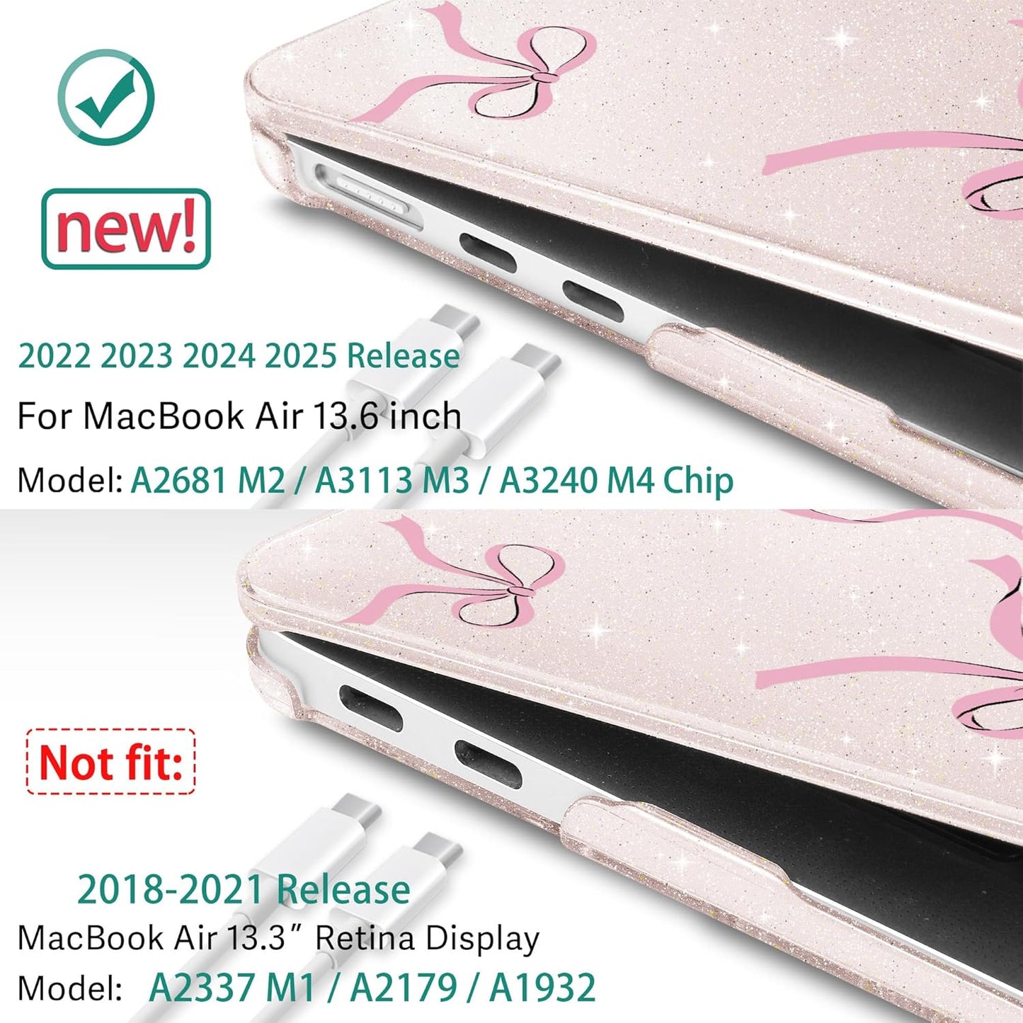 May Chen for MacBook Air 13.6 inch Case A3240 M4 A3113 M3 A2681 M2 with Retina Dispaly, 2025 2024 2023 2022 Release, Plastic Hard Shell Case with Keyboard Cover, Sakura Pink Glitter Bow