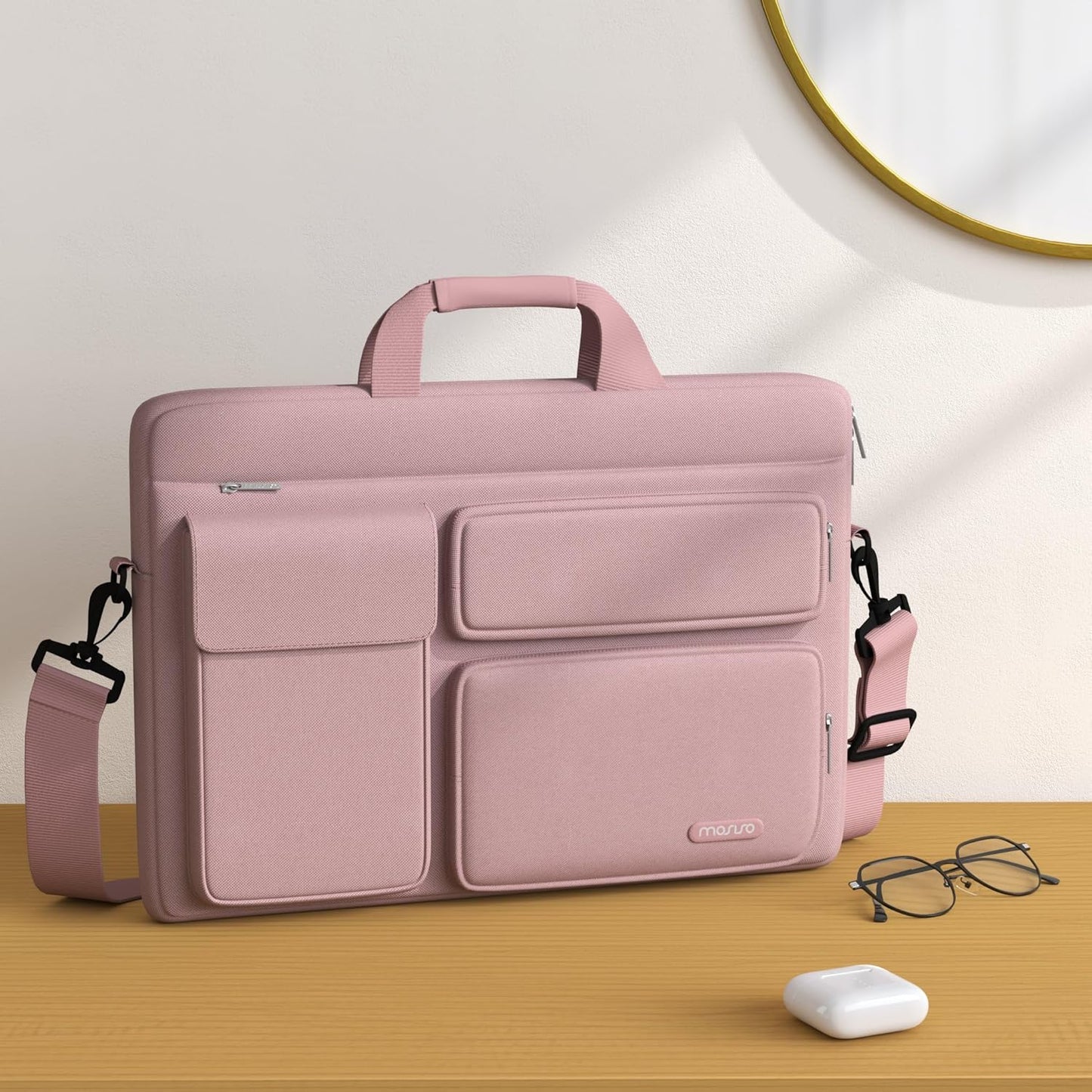 MOSISO Laptop Shoulder Bag, Computer Bag with 2 Raised&1 Flapover&1 Horizontal Pocket&Handle&Belt