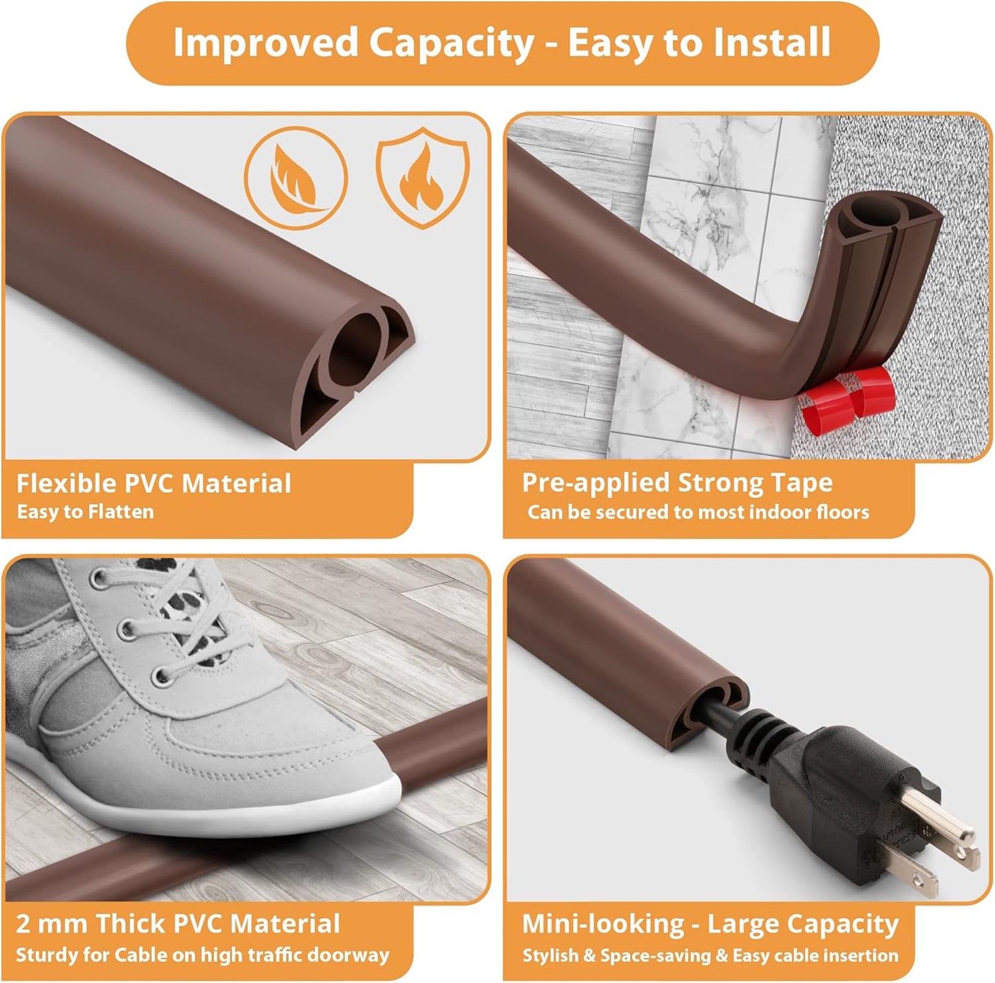 5ft Cord Cover Floor for Extension Cords, Self-Adhesive Floor Cable Cover to Protect Cables & Prevent Tripping, PVC Cord Hider Protector, Internal Wire Management Channel Diameter: 0.39",Brown