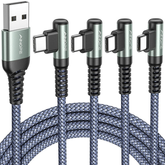 AINOPE USB C Cable 4-Pack [10/6.6/3.3/3.3FT] 3.2A 90 Degree USB C Cable Packs, Nylon Braided Angled USB C Cable Fit for Galaxy S10 S9 S8 Plus S21, Note 10 9 8, LG, Galaxy S21 Charger Fast Charging
