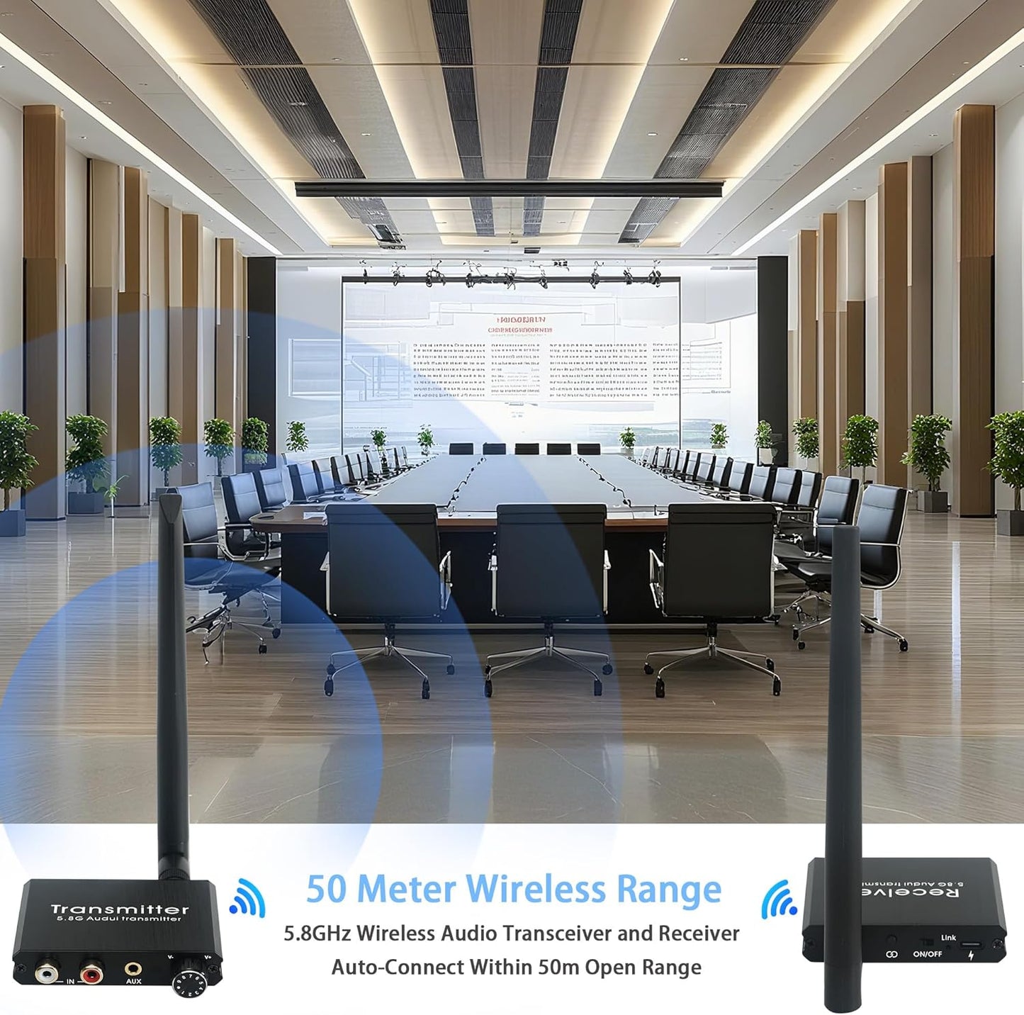 5.8GHz Wireless Audio Transmitter Receiver,164Ft/50M Long Range 18ms Low Latency, RCA / 3.5mm AUX Input/Output with Volume Adjustment Knob, Used for TV/PC/CD/Power Speaker/Soundbar/Headphones