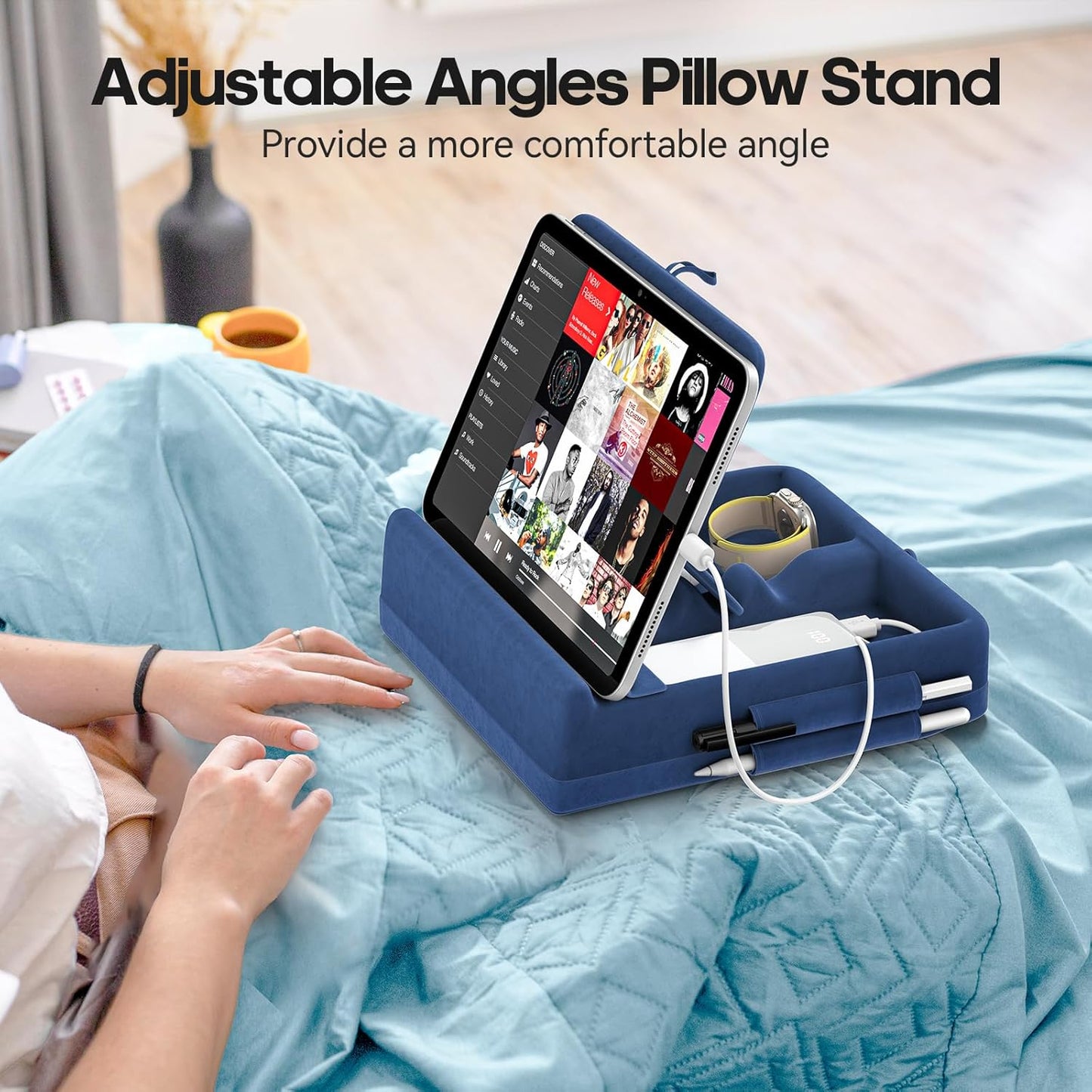 KDD Tablet Pillow Stand with Storage, Foldable iPad Holder for Lap, Desk and Bed, Angle Adjustable Soft Pad Dock with Stylus Mount Compatible with iPad Pro, Air, mini, Book, Phone and Tablet (4-13")