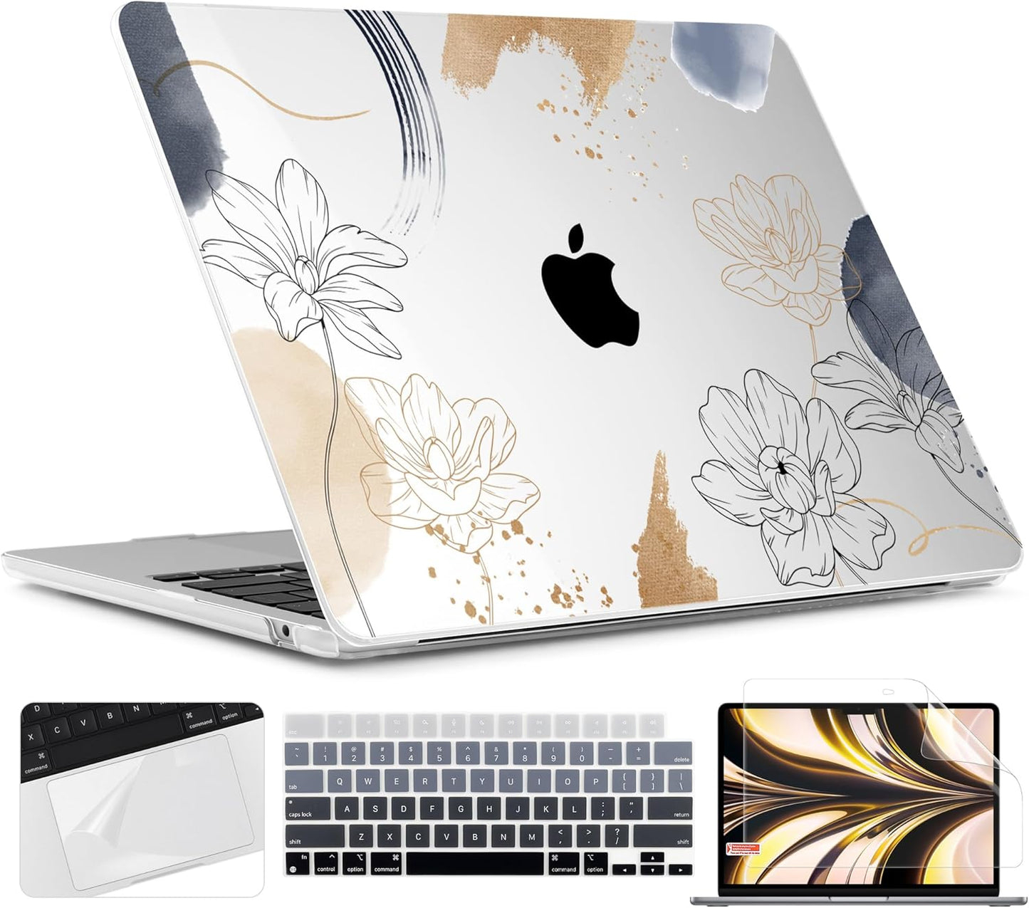 TWOLSKOO for M4 MacBook Air 13.6 inch Case 2025-2022 Release M4 A3240 M3 A3113 M2 A2681, Plastic Hard Shell & Screen Protector & Keyboard Cover & Trackpad Film, Florals X450