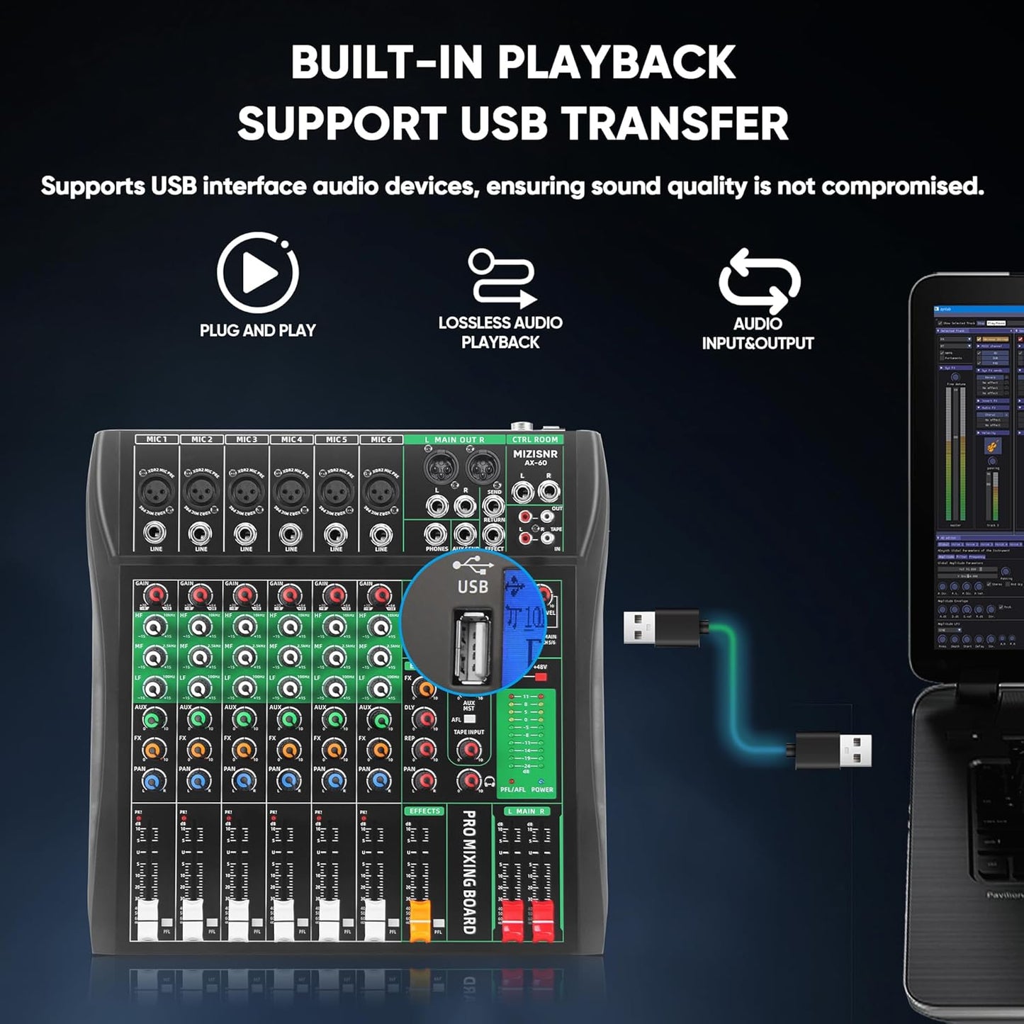 6 Channel Audio Mixer, Professional DJ Mixer Board Sound Music Mixing Console Digital Mixer with Reverb, Bluetooth, USB Port, 48V Phantom Power for Recording Karaoke Podcasting
