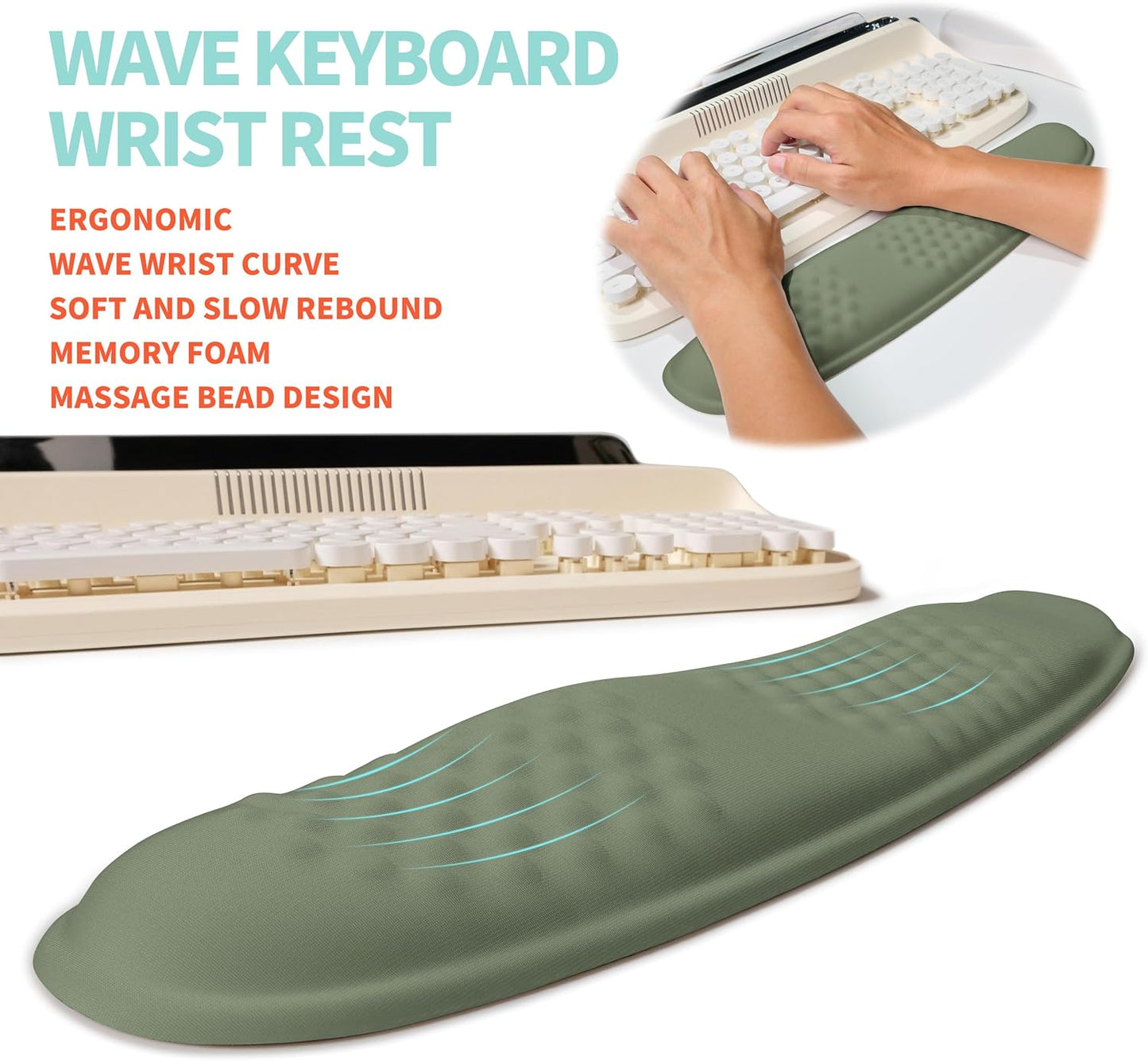 2-in-1 Ergonomic Set, Wave Rise Keyboard Wrist Rest and Massage Bulge Slope Mouse Pad Wrist Support, Cushion Memory Foam Integrated to Relieve Wrist Pain, Olive Green