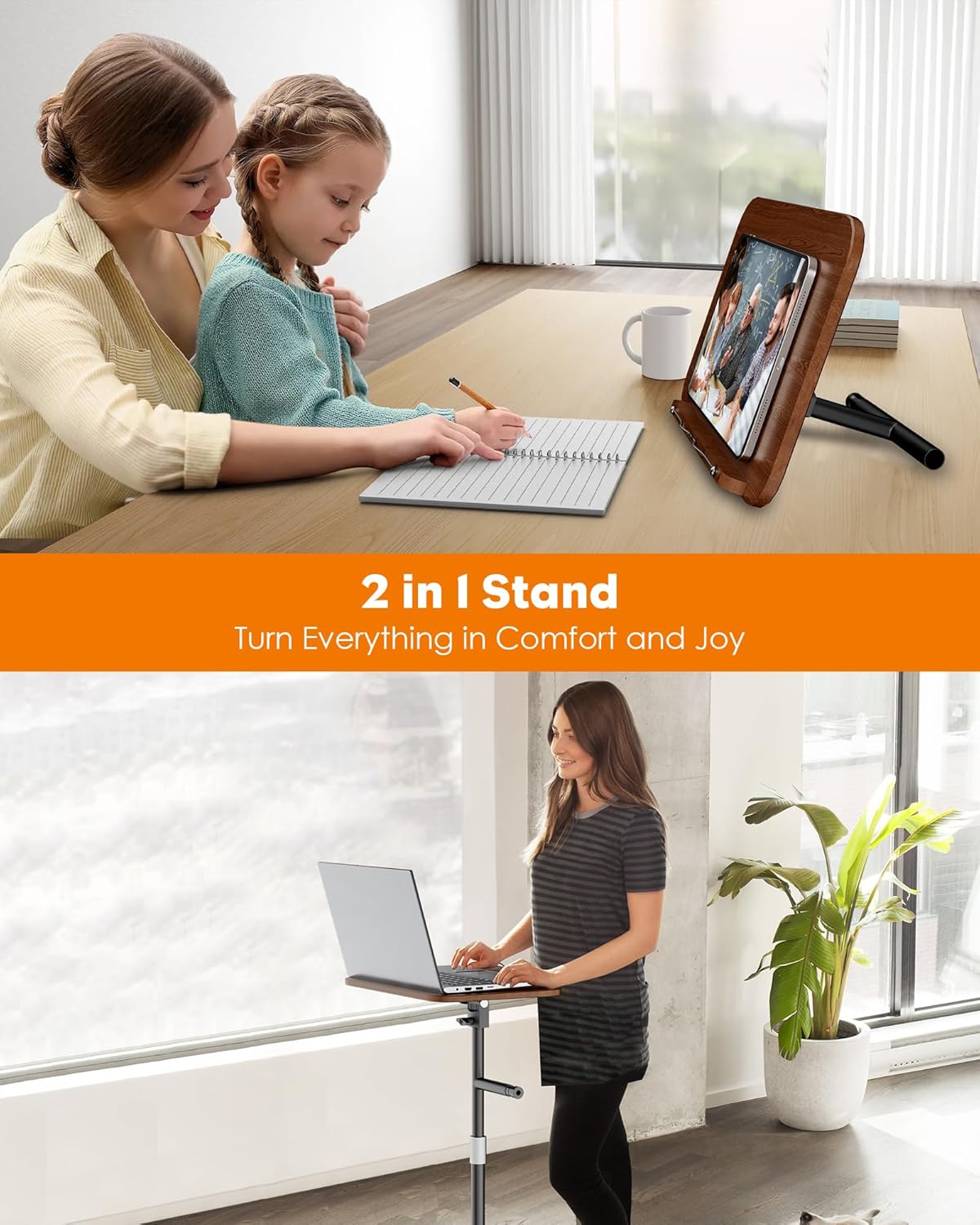 2 in 1 Dual-use Floor Book Stand & Desktop Book Stand,Height Adjustable from 33-63in, Adjustable Book Holder with Elastic Page Clips for Music Scores, Recipe, Tablet, Laptop