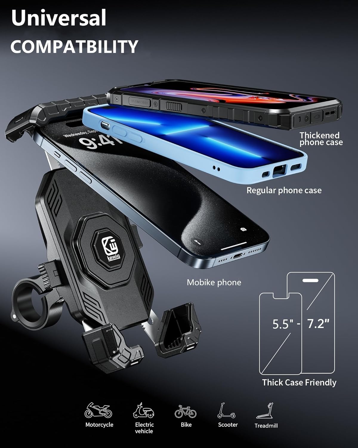 Kewig Motorcycle Phone Mount Holder - [No Scratches Camera ] [1s Lock] Motorcycle Cell Phone Mount, Bike Handlebar Phone Holder for 5.5-7.2" Phones