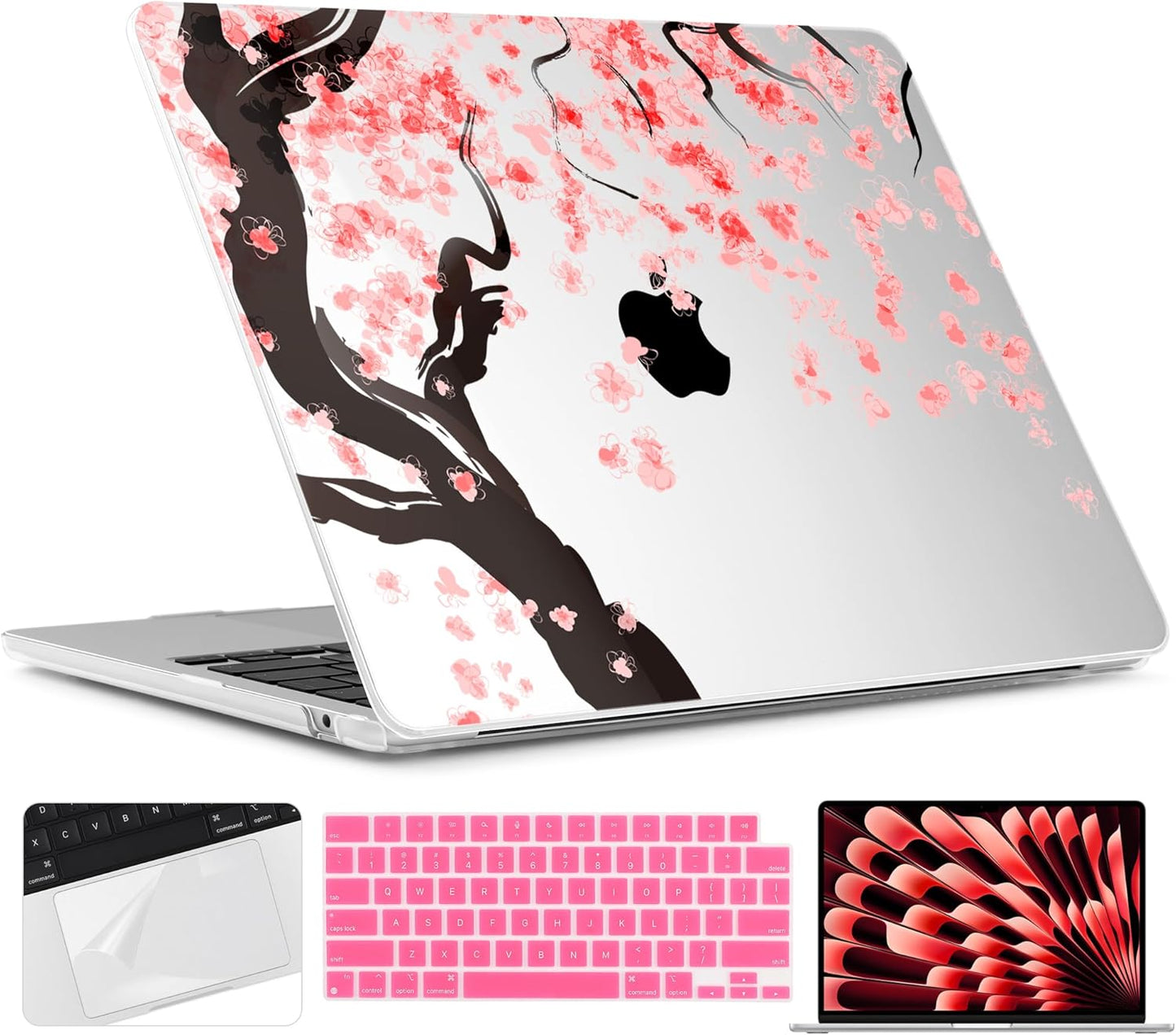 TWOLSKOO Compatible with M4 MacBook Air 15 inch Case 2025-2023 Released Model M4 A3241 M3 A3114 M2 A2941, Plastic Hard Shell & Screen Protector & Keyboard Cover & Trackpad Film, Cherry Blossoms