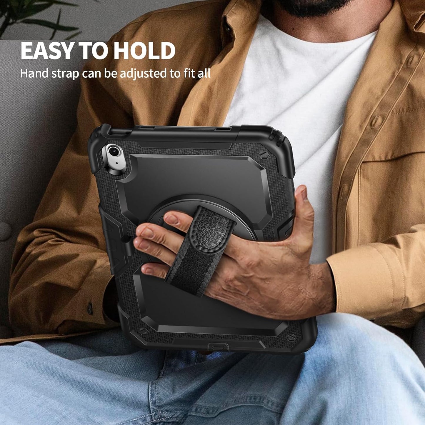 Ambison Case for iPad (A16) 11th/10th Generation 11"/10.9'' 2025/2022,Heavy Duty Shockproof Case with Tempered Glass Screen Protector, 360° Rotating Handle Strap&Stand,Shoulder Strap-Black