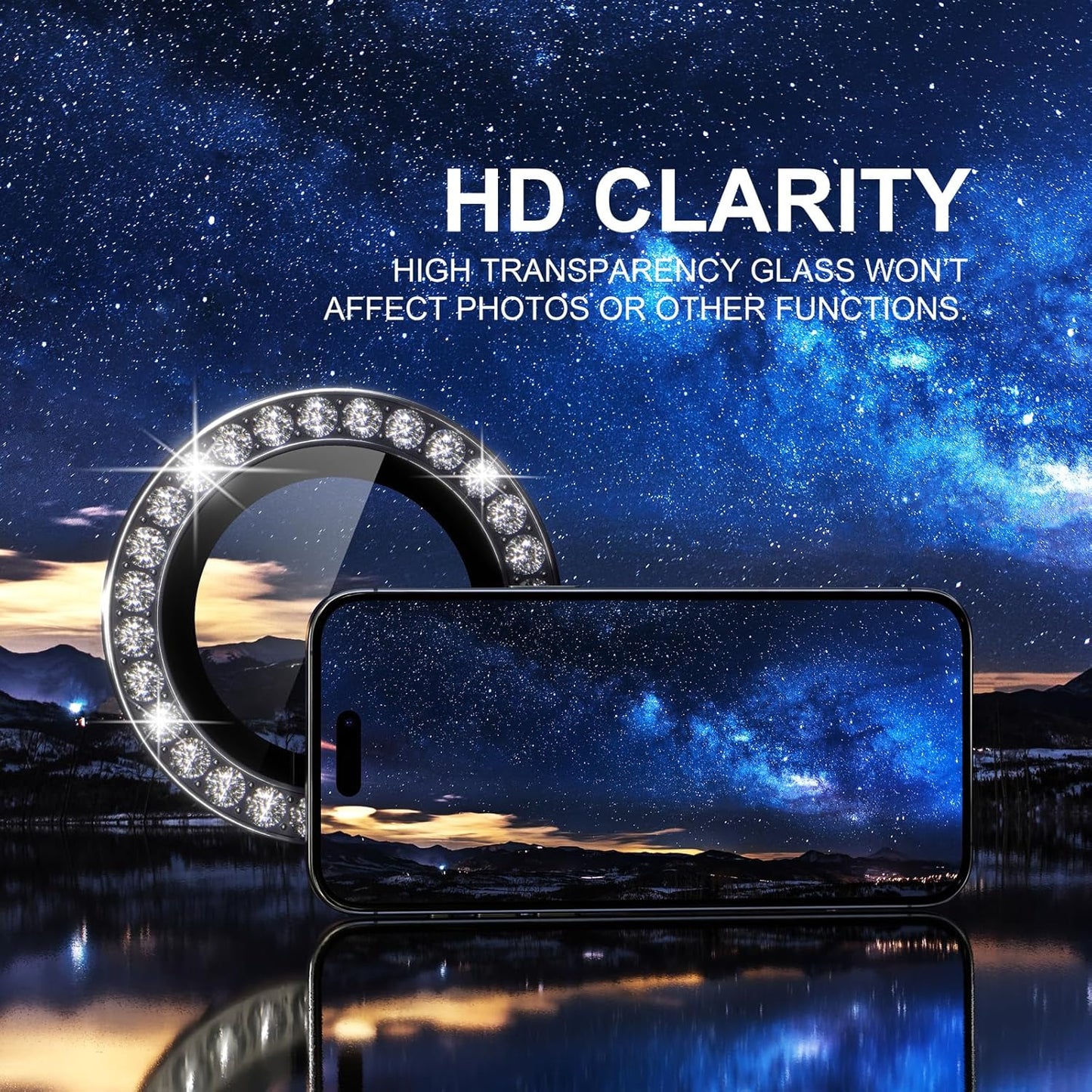 Choiche Compatible for iPhone 15 Pro/iPhone 15 Pro Max Camera Lens Protector Bling, 9H Tempered Glass Camera Cover Screen Protector Metal Ring Decoration Accessories (Diamond-Black)