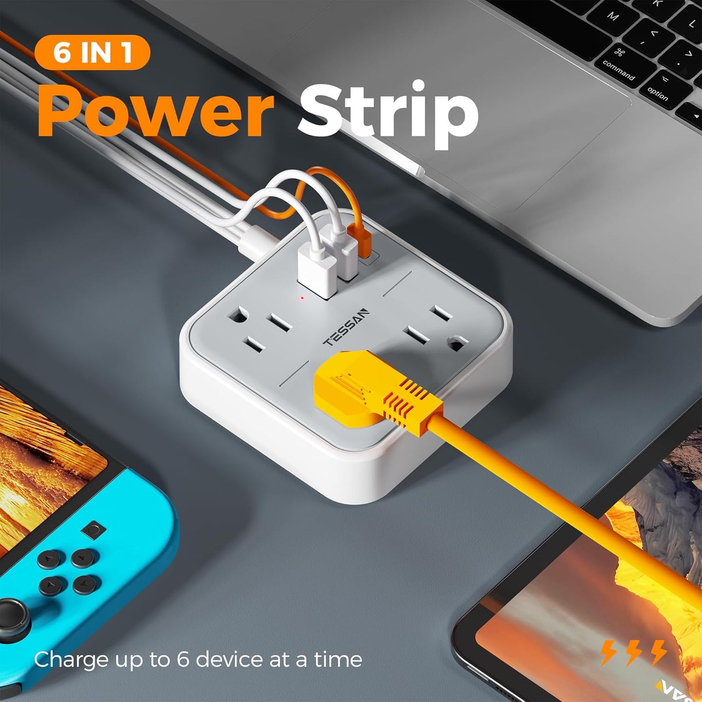 Extension Cord Flat Long Power Strip 15 FT, TESSAN Surge Protector Power Strip with USB Ports (1 USB C), Flat Wall Outlet Extender with 3 Outlets for Home, Office, School, Dorm Room Essentials