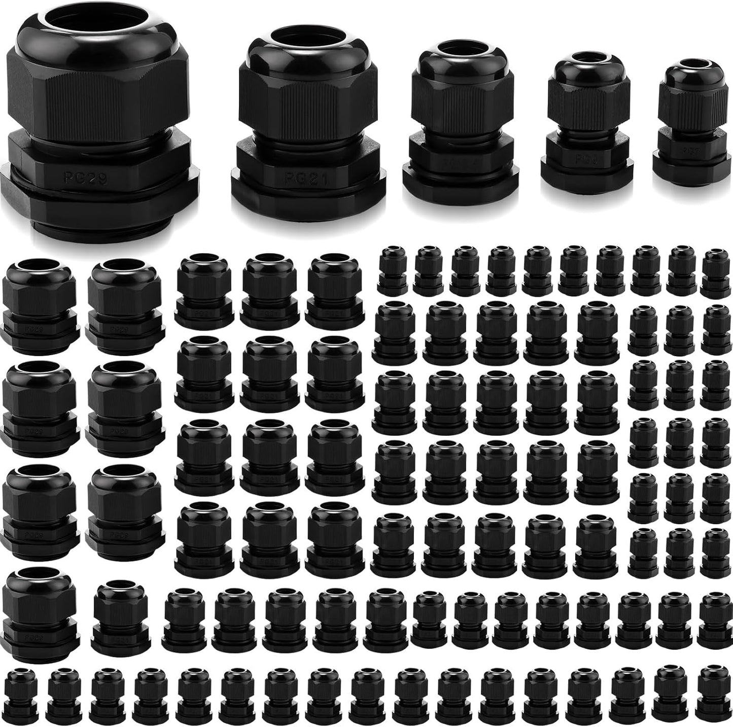 Duraaamo 100pcs Nylon Cable Gland Kit 3-25 mm Cable Gland Connectors NPT Waterproof Strain Relief Cord Connector Black Plastic Cord Grip Weatherproof Cable Pass Through PG7 PG9 PG13.5 PG21 PG29