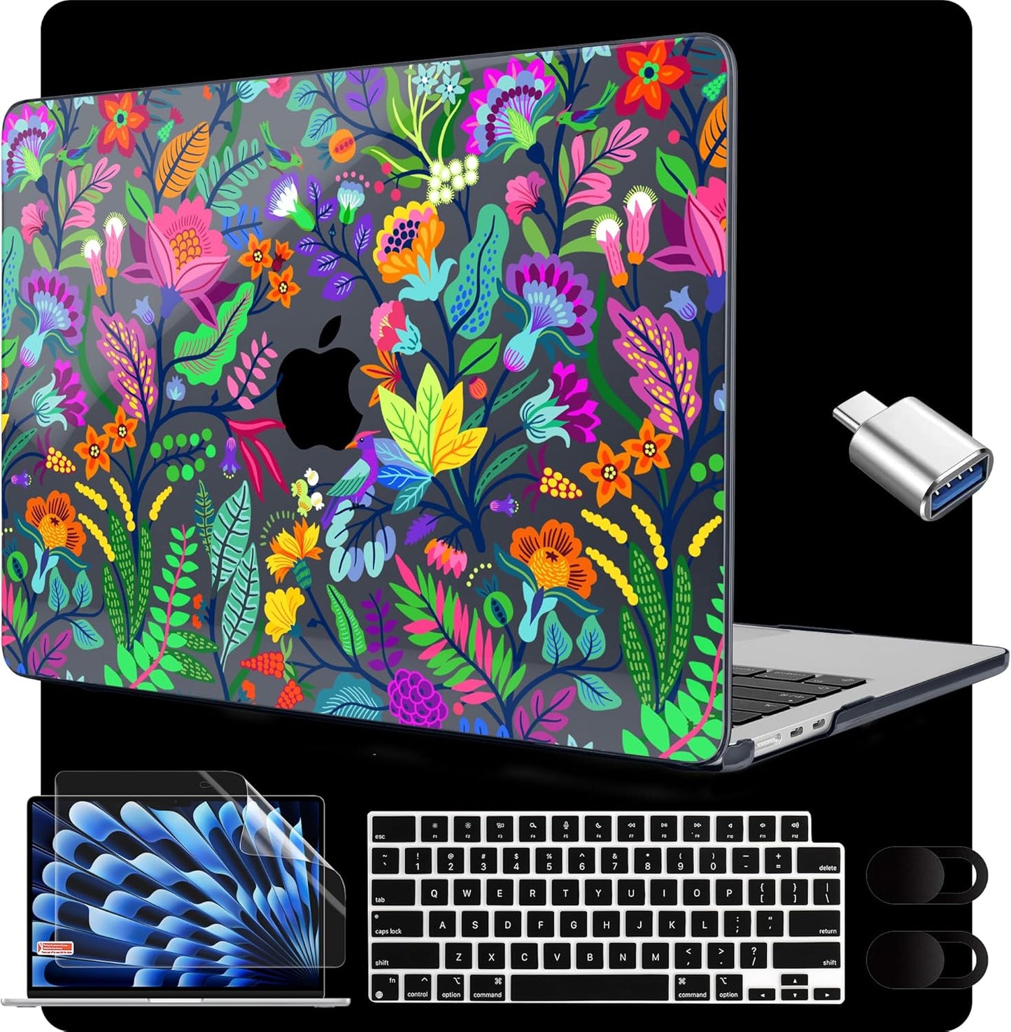 MEEgoodo for M4/M3/M2 MacBook Air 15.3 inch Case 2025 2024 2023, Case Fit Model (A3241/A3114/A2941) for MacBook Air 15 inch, Laptop Hard Shell with Keyboard Cover, Bright Flowers & Tropic Leaves