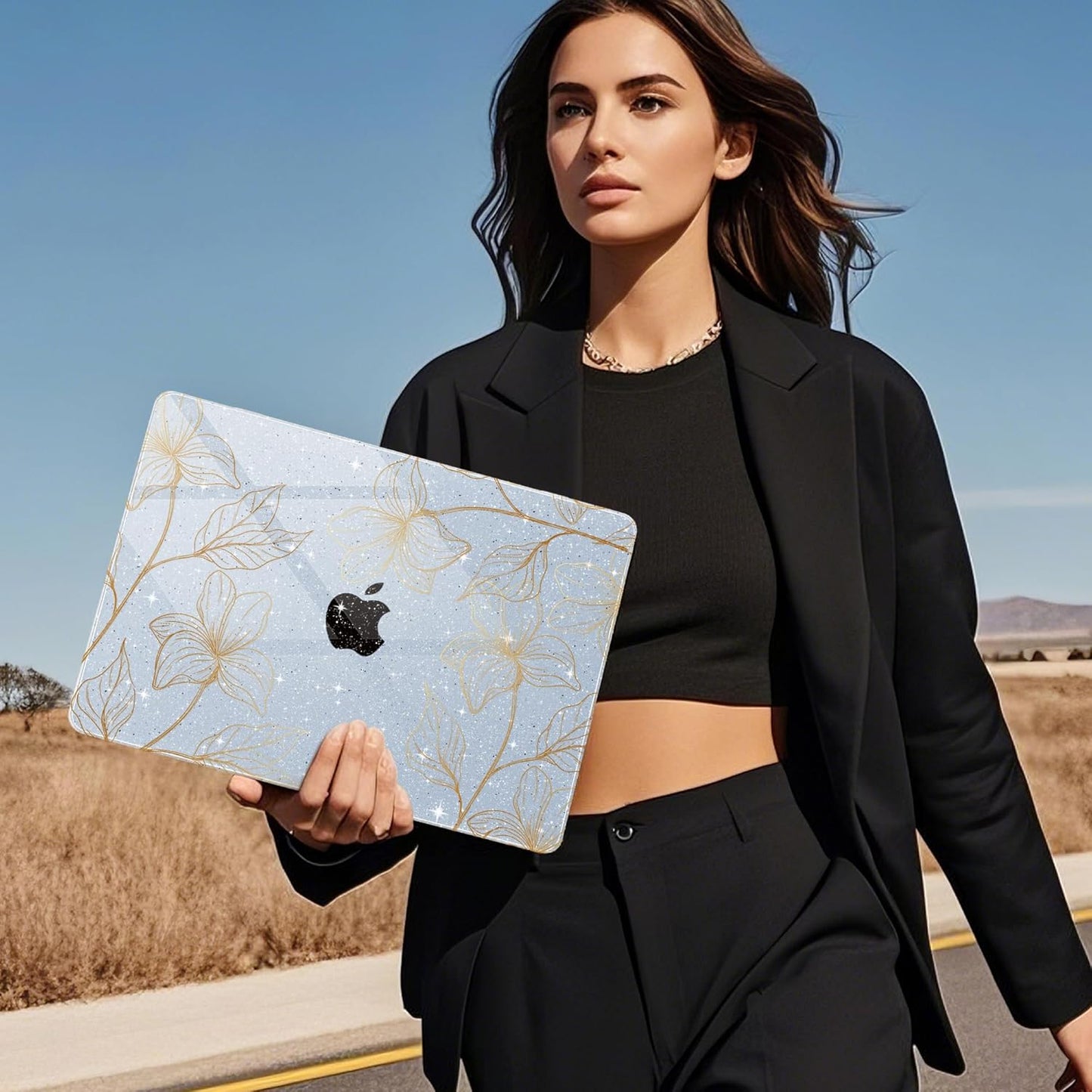 Mektron for 2025 MacBook Air 15 inch M4 Case A3241/ 2024 M3 A3114/ 2023 A2941 M2 Hard Printed Cover with 15.3 Liquid Retina Display Touch ID with Keyboard Skin- Gold Flower S718-Glitter Blue