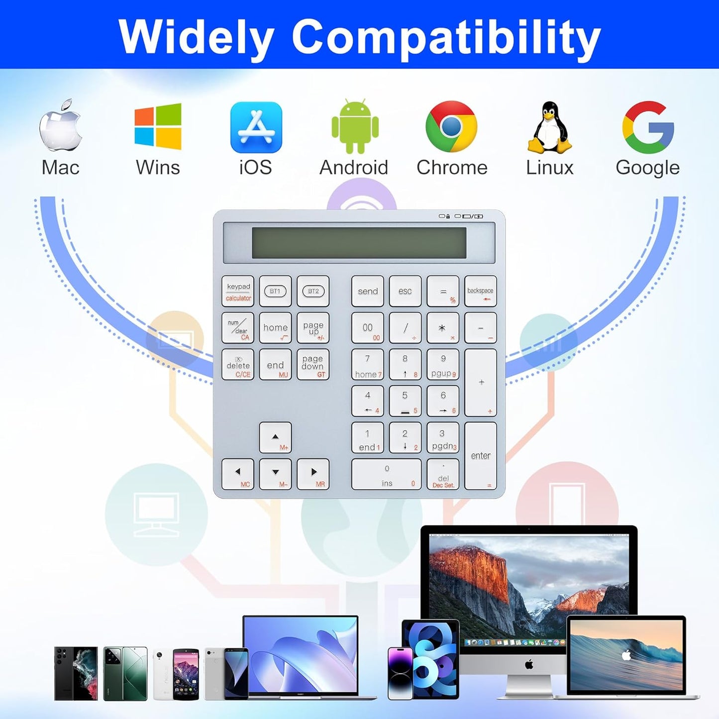 2-in-1 Wireless Number Pad & Calculator, Bluetooth 5.0 Numeric Keypad with USB-C Charging, 34-Key Portable Number Pad for Laptop, MacBook, PC, Windows, iOS & Android Devices